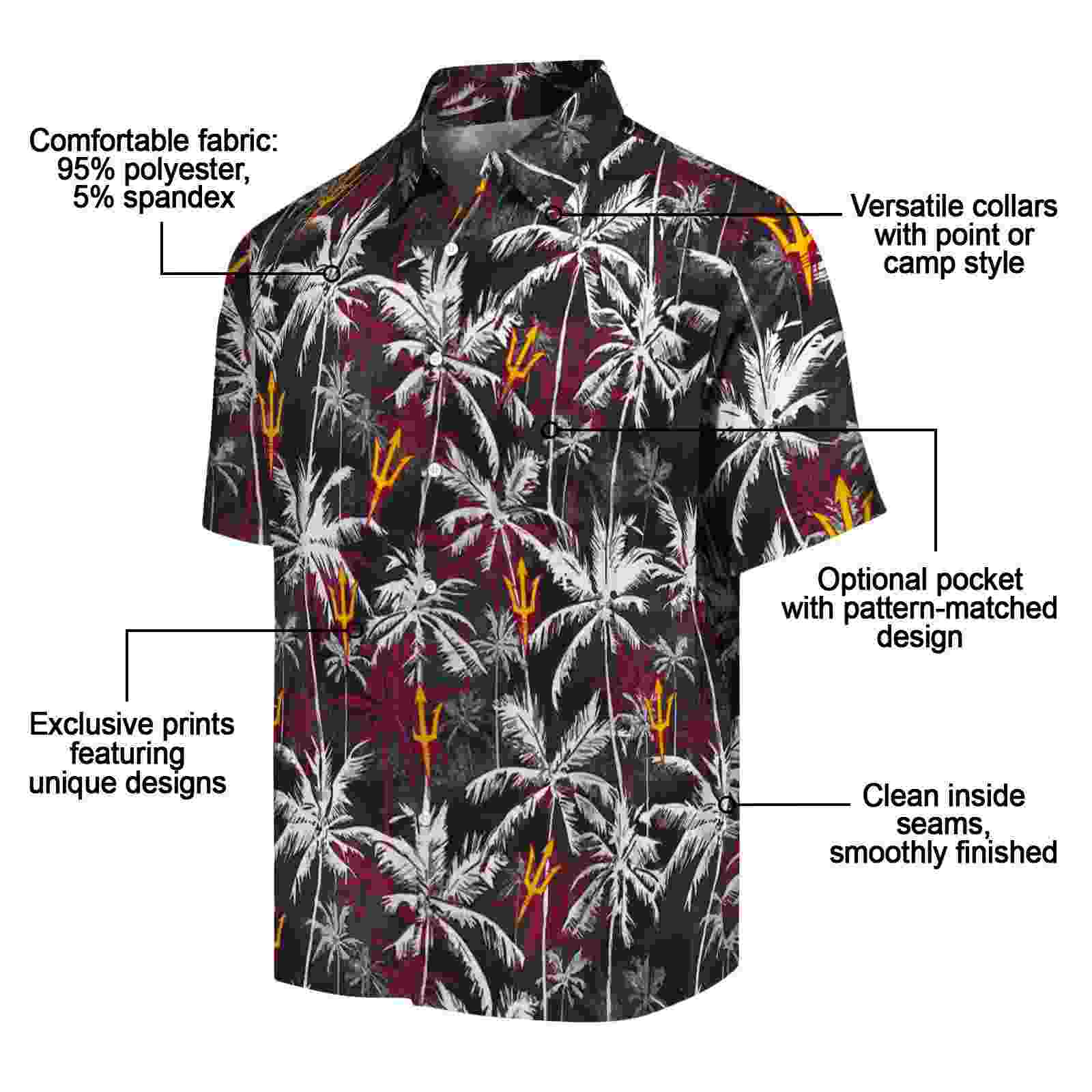 arizona state sun devils palm pattern maroon black hawaiian shirt new arrival