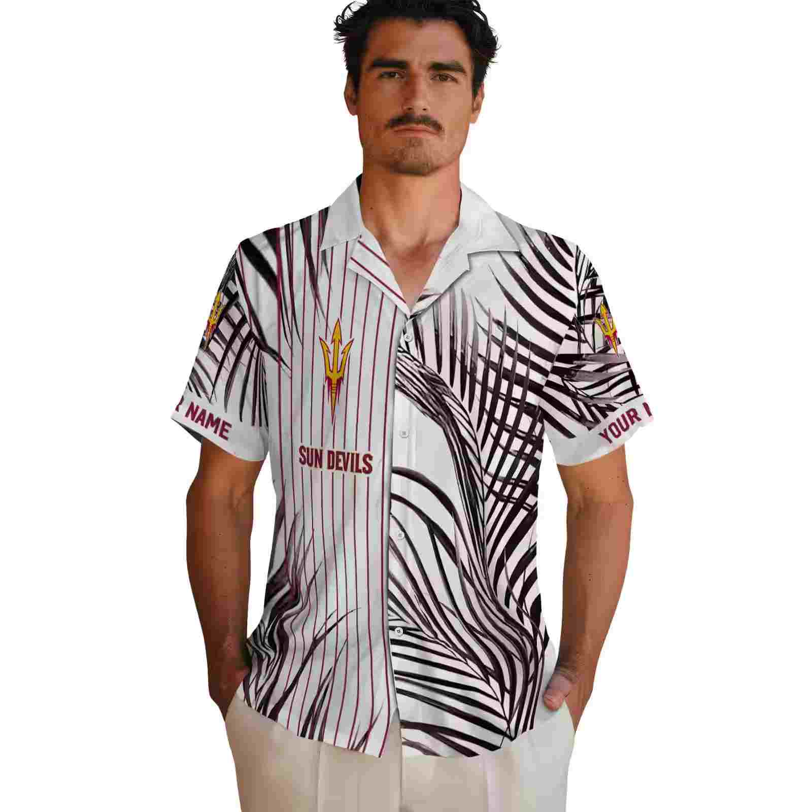 arizona state sun devils palm stripes maroon black white hawaiian shirt fashion forward