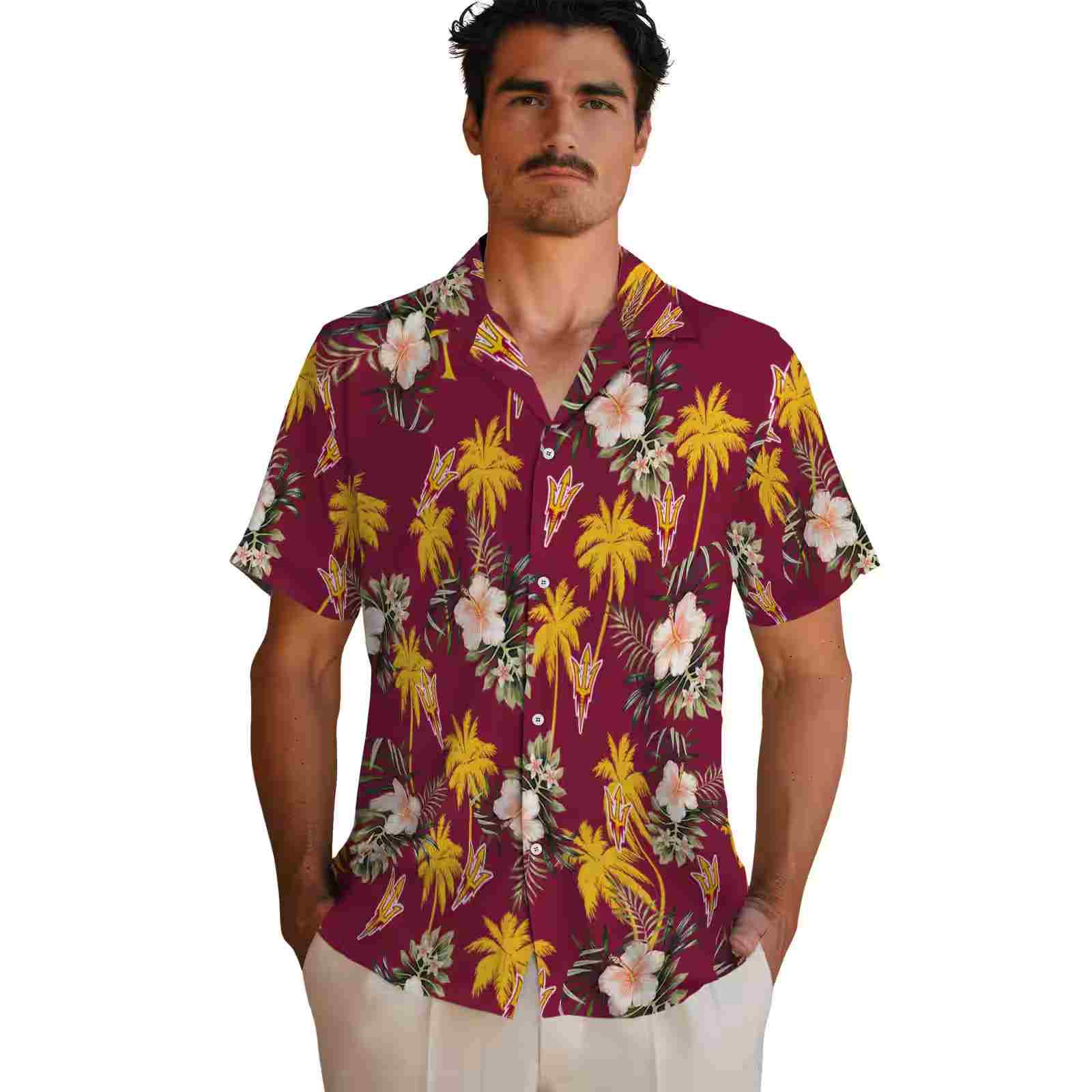 arizona state sun devils palm tree flower maroon hawaiian shirt fashion forward