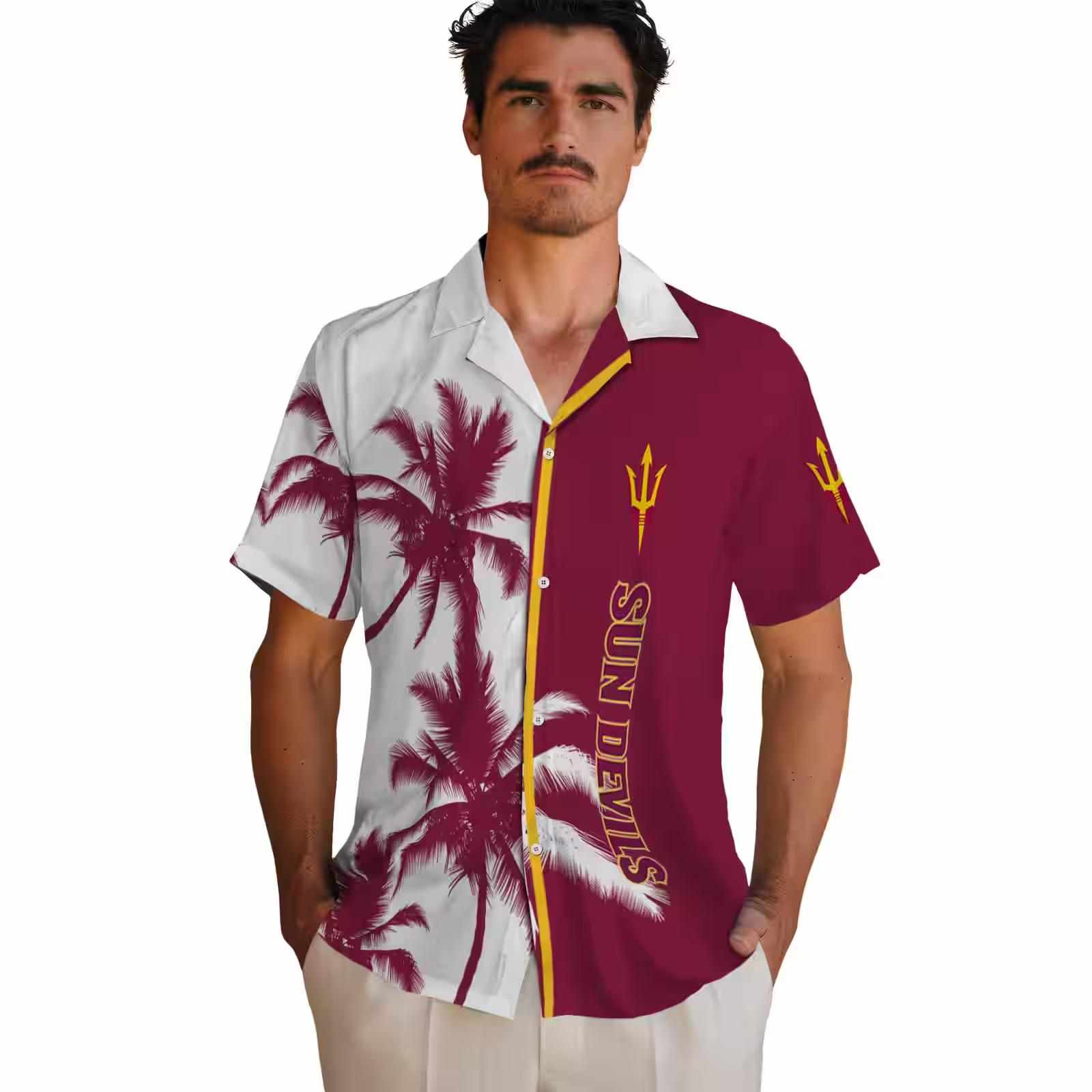 arizona state sun devils palm trees maroon white hawaiian shirt fashion forward