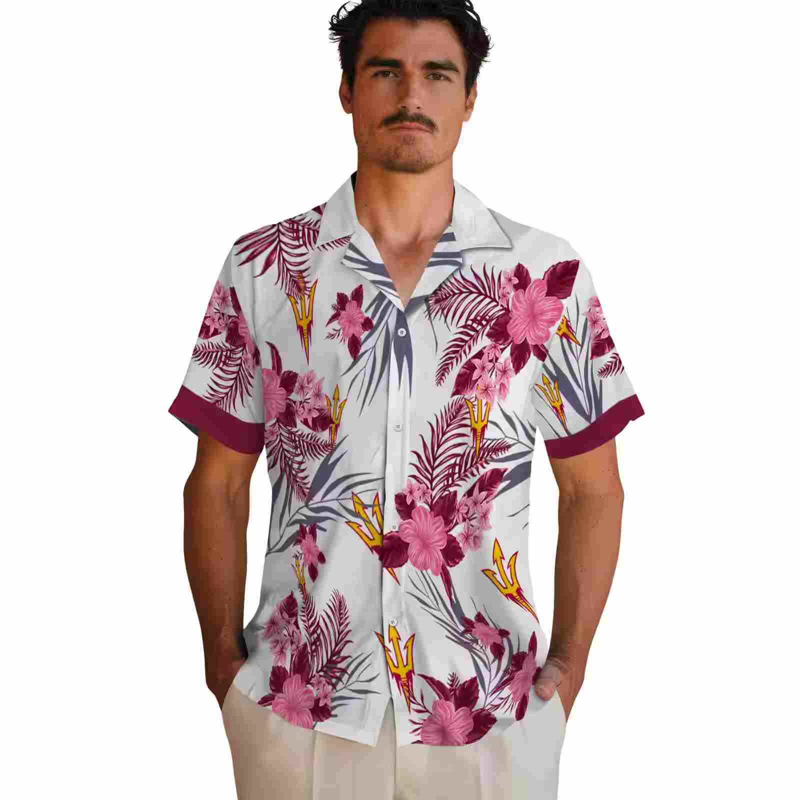 arizona state sun devils patriotic hibiscus design maroon white hawaiian shirt fashion forward