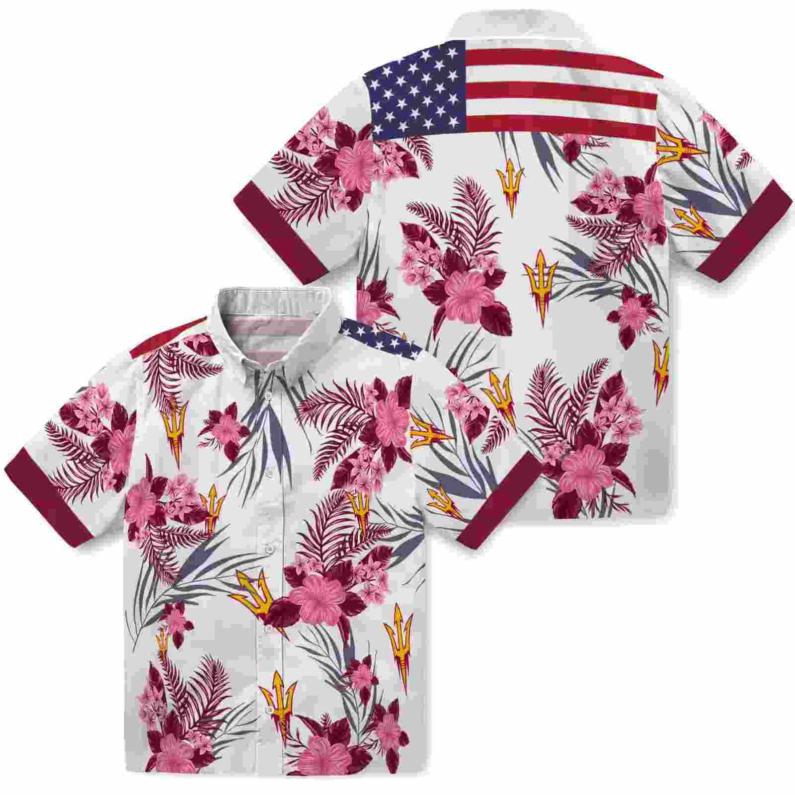 arizona state sun devils patriotic hibiscus design maroon white hawaiian shirt high quality