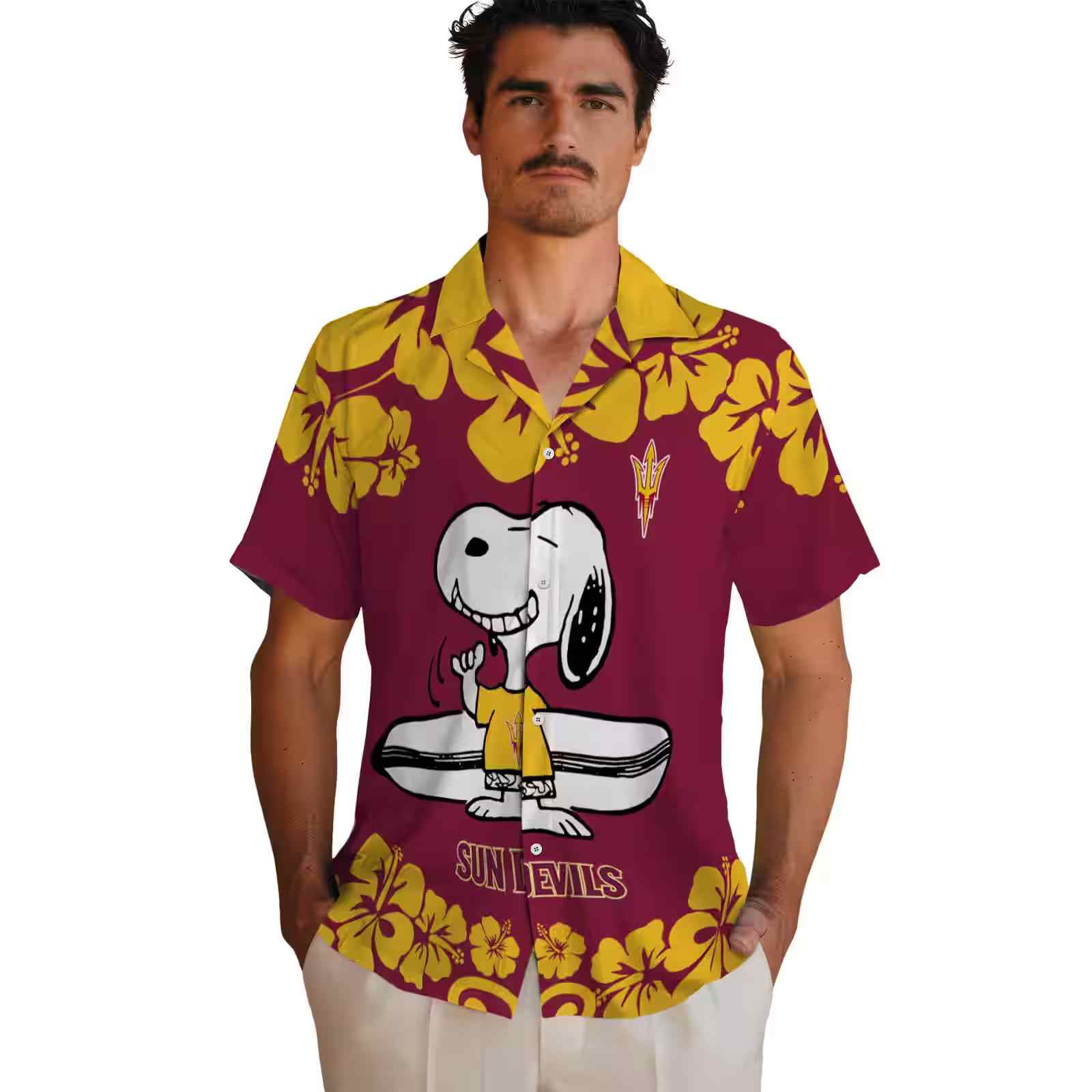 arizona state sun devils snoopy surf maroon white hawaiian shirt fashion forward