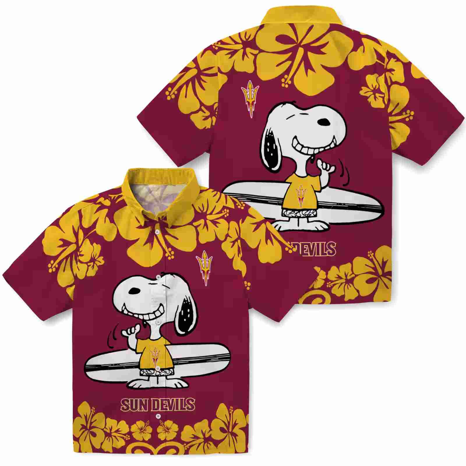 arizona state sun devils snoopy surf maroon white hawaiian shirt high quality