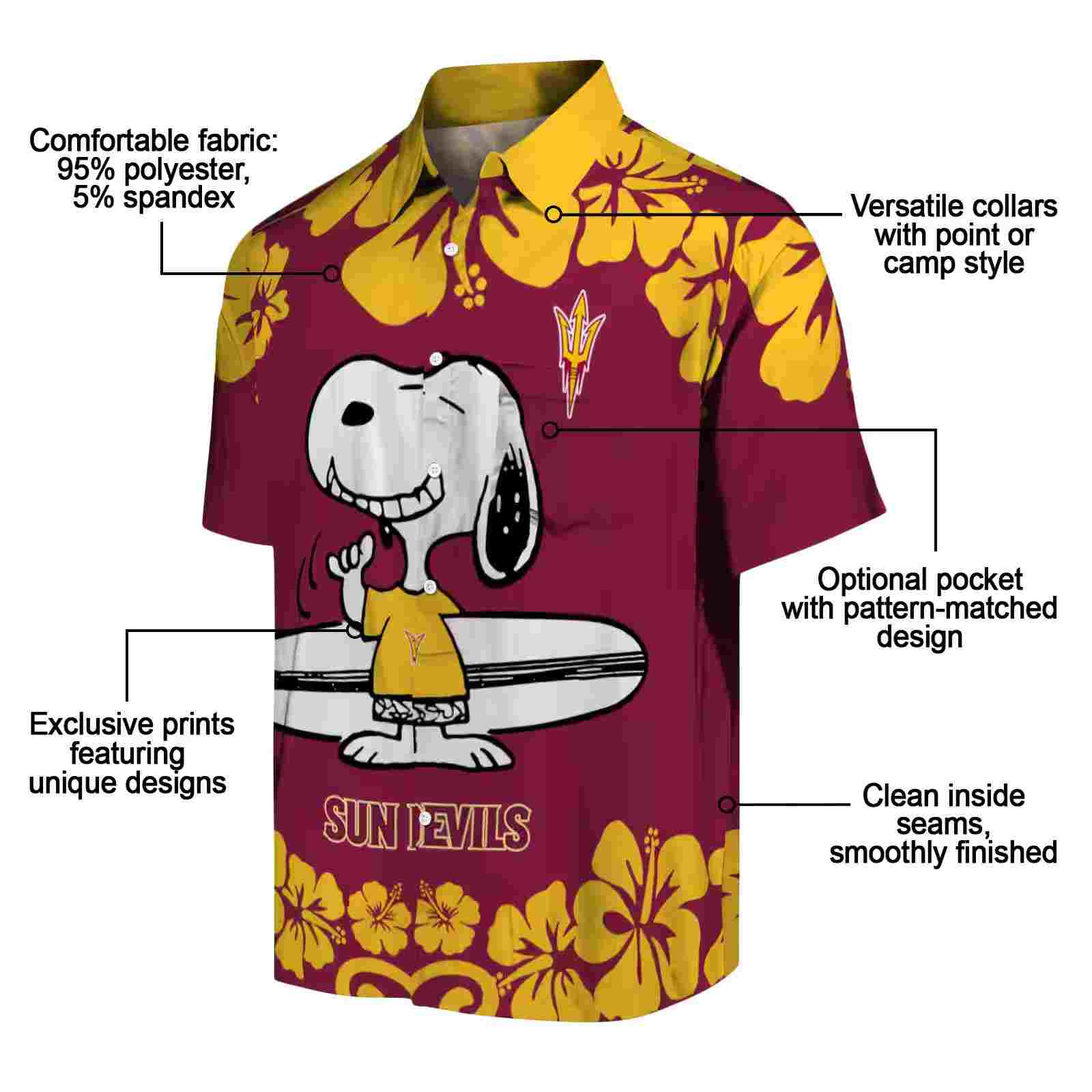 arizona state sun devils snoopy surf maroon white hawaiian shirt new arrival