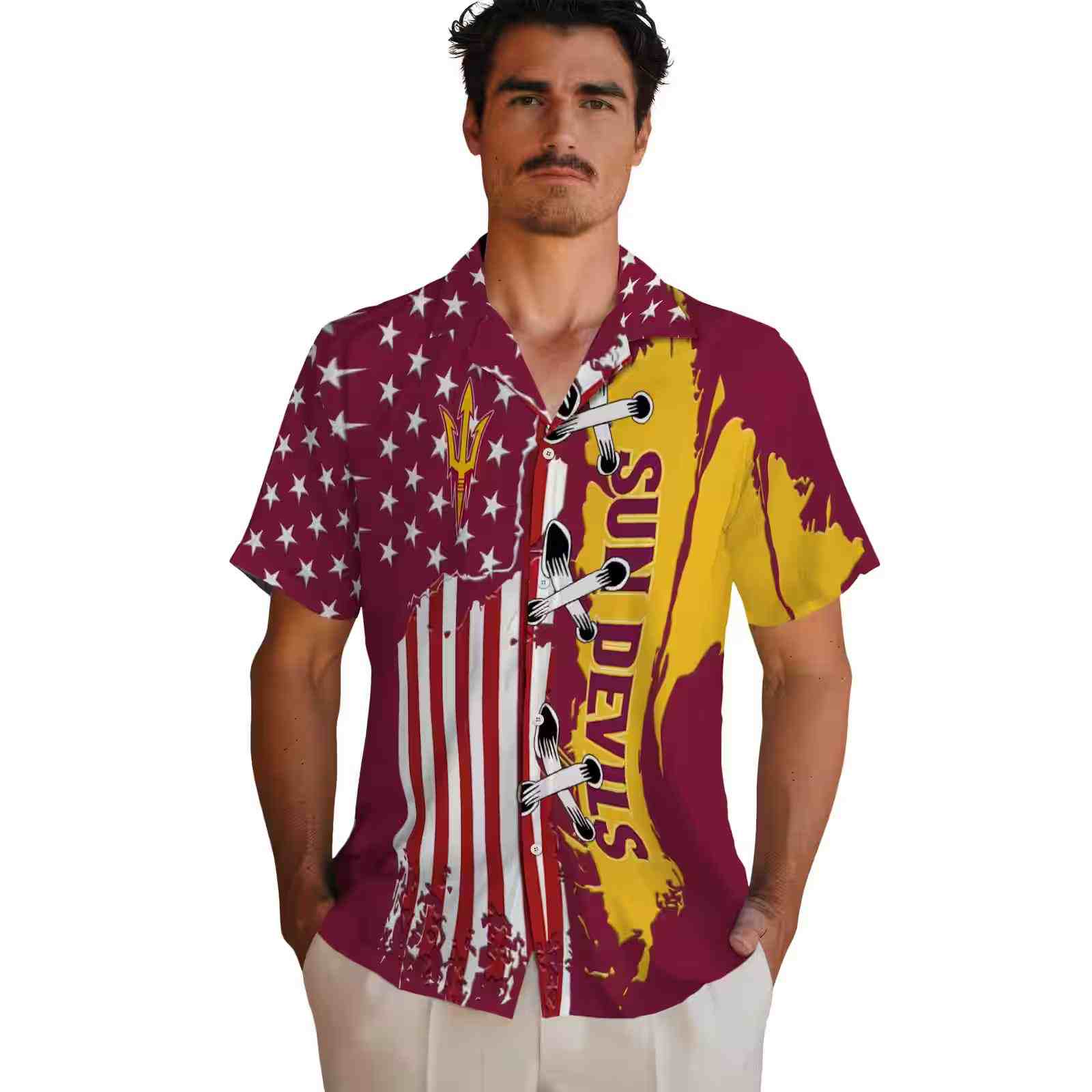 arizona state sun devils stitched flag maroon hawaiian shirt fashion forward