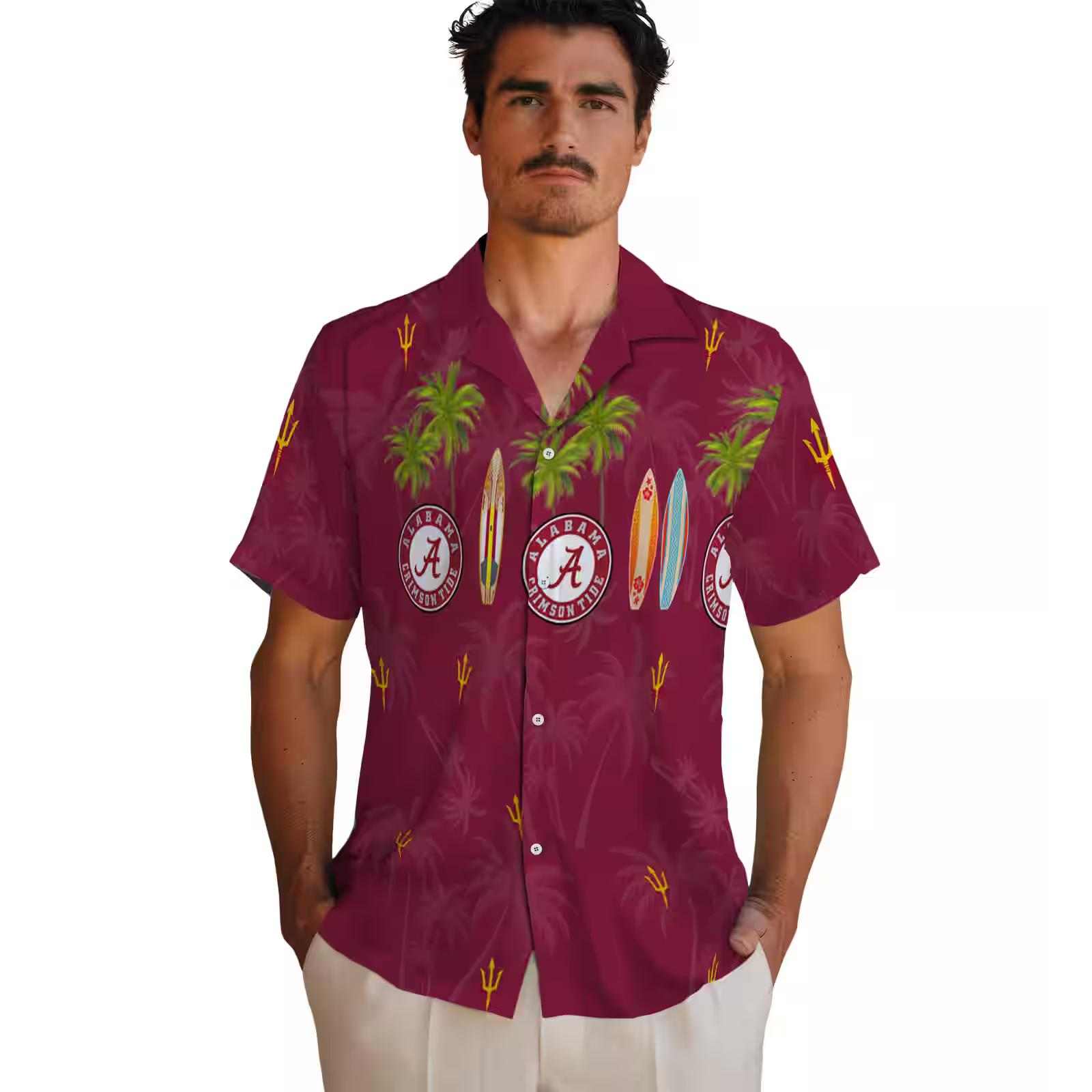 arizona state sun devils surfboard palm maroon hawaiian shirt fashion forward