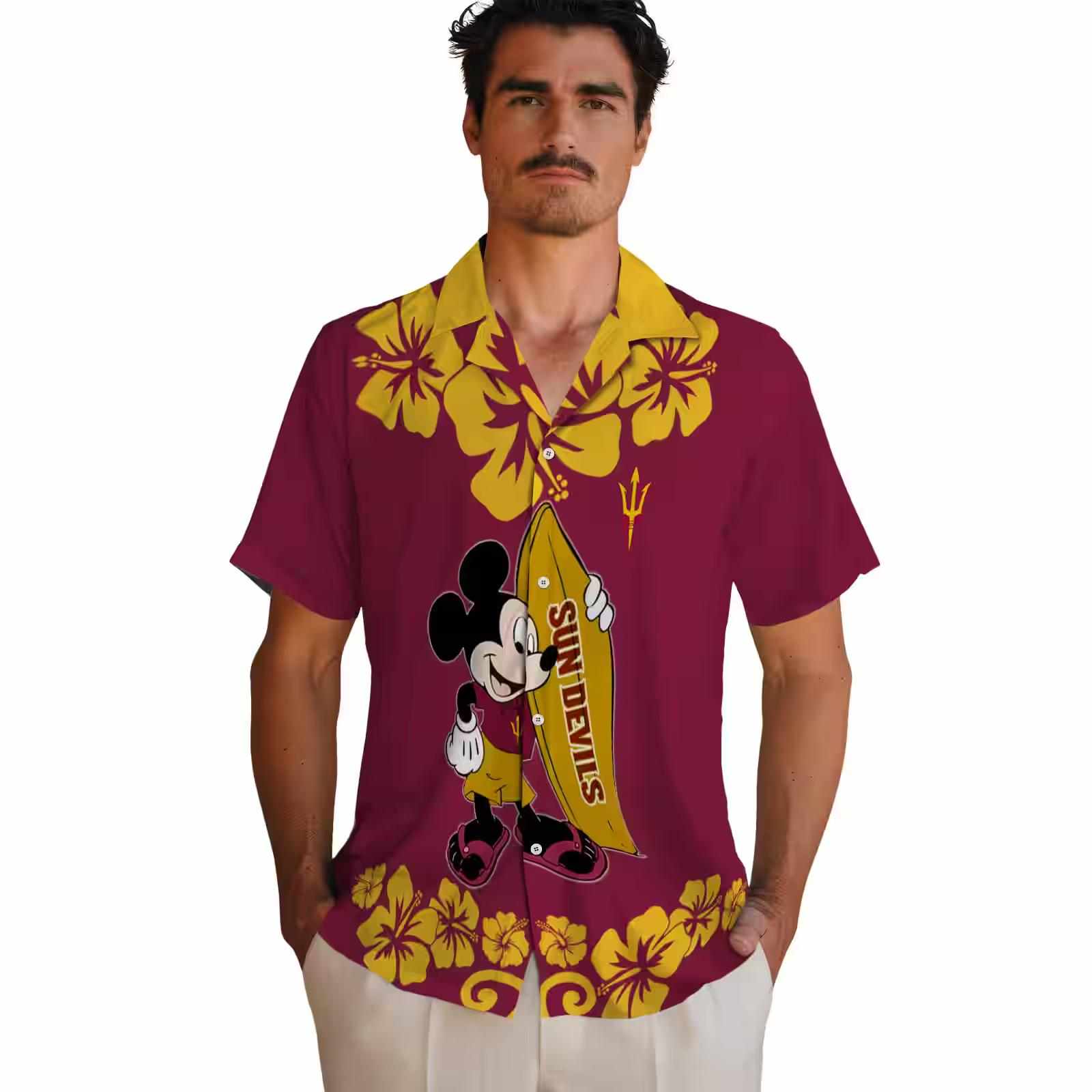 arizona state sun devils surfing mickey maroon hawaiian shirt fashion forward