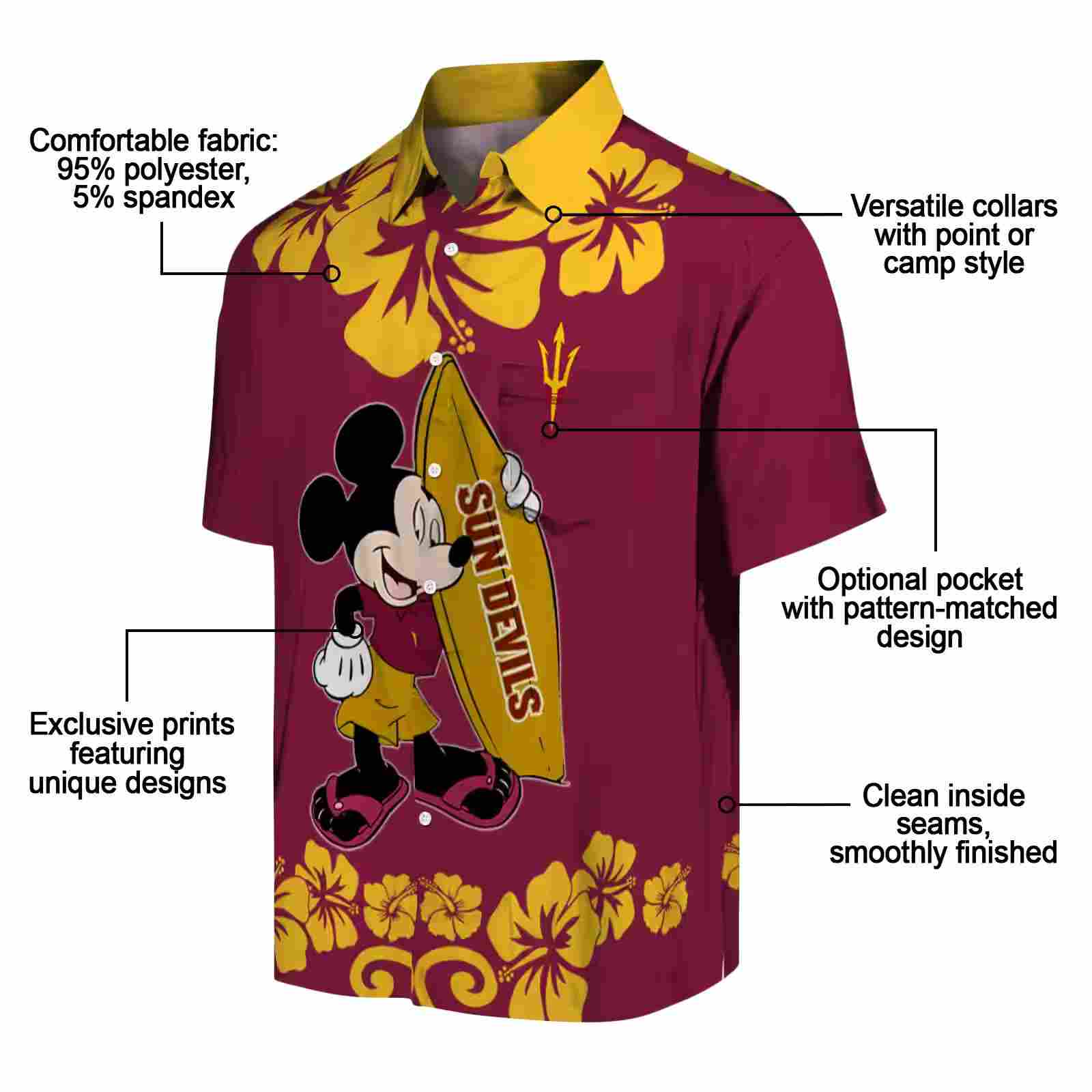 arizona state sun devils surfing mickey maroon hawaiian shirt new arrival