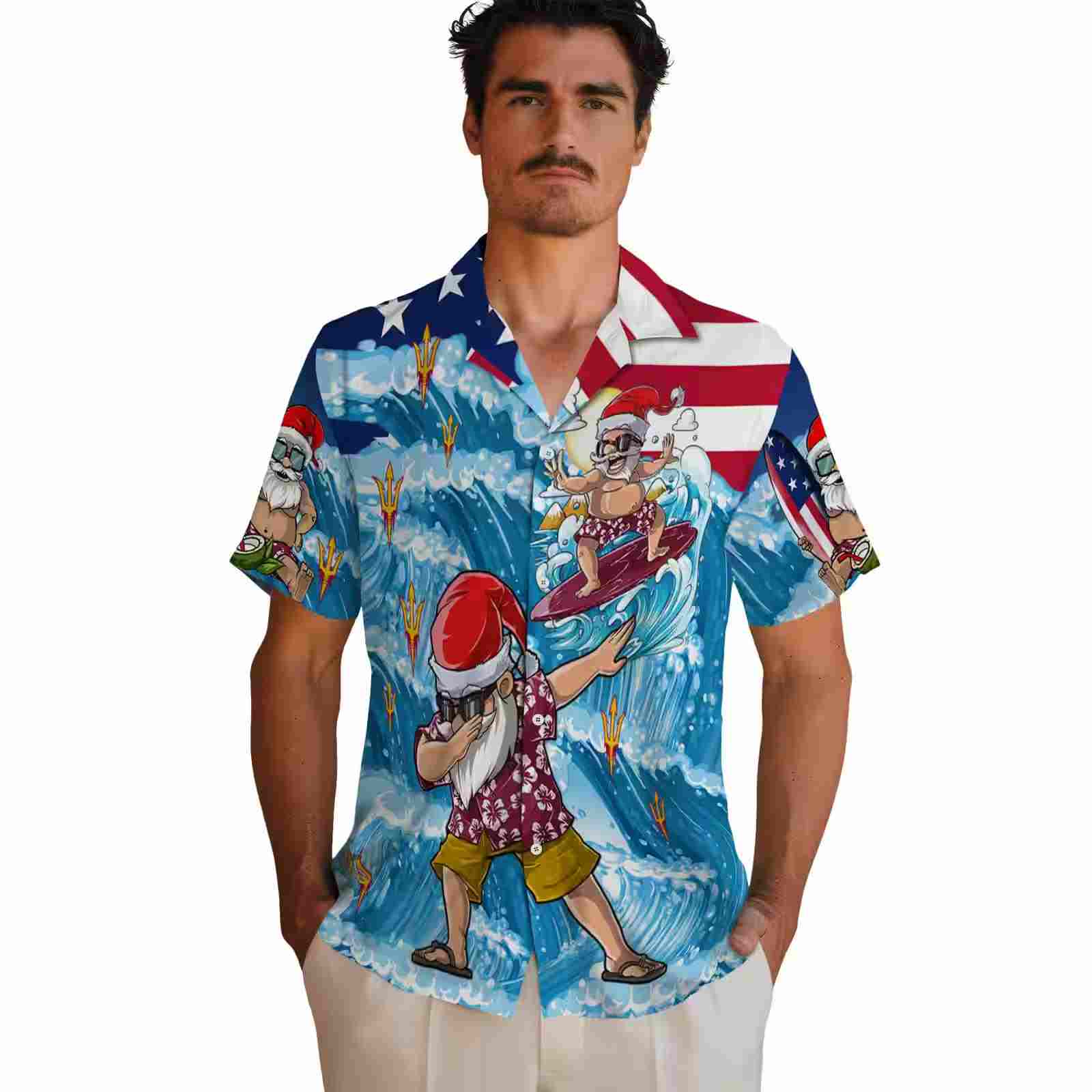 arizona state sun devils surfing santa blue hawaiian shirt fashion forward