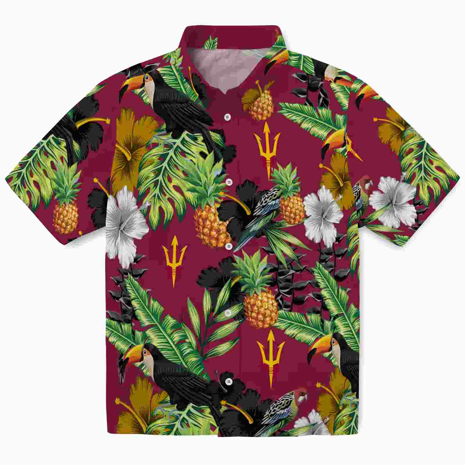 Arizona State Sun Devils Toucan Hibiscus Pineapple Maroon Green Hawaiian Shirt