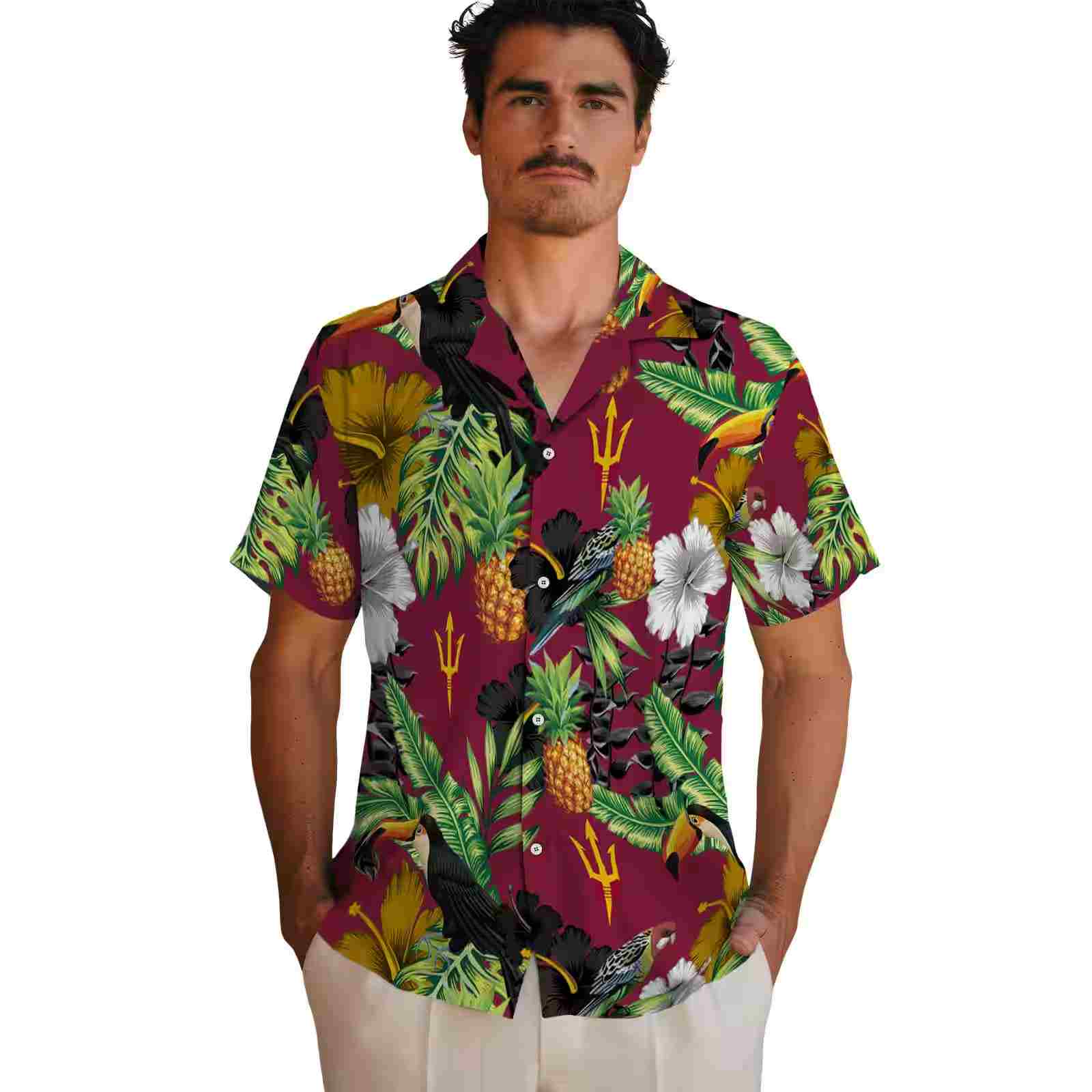 arizona state sun devils toucan hibiscus pineapple maroon green hawaiian shirt fashion forward