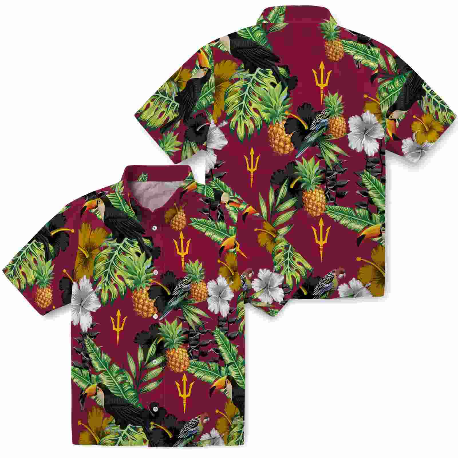 arizona state sun devils toucan hibiscus pineapple maroon green hawaiian shirt high quality