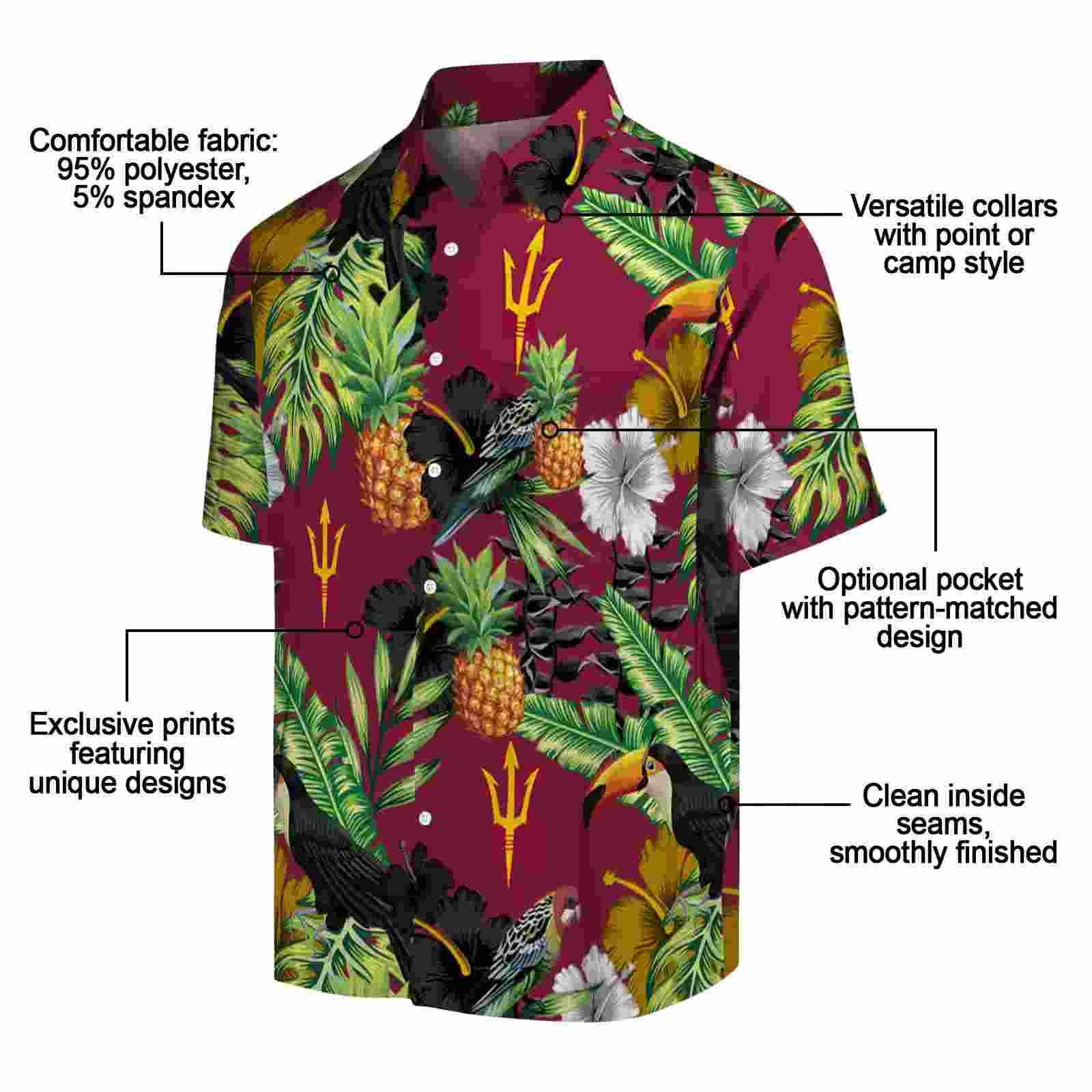 arizona state sun devils toucan hibiscus pineapple maroon green hawaiian shirt new arrival