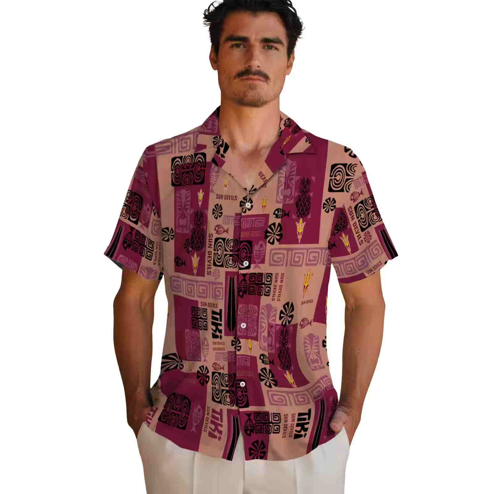 arizona state sun devils tribal symbols maroon hawaiian shirt fashion forward