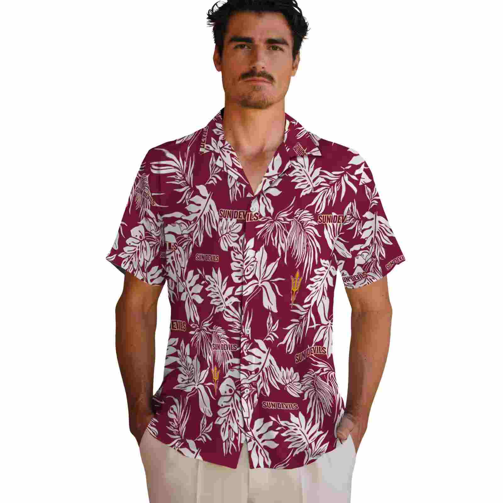 arizona state sun devils tropical leaf maroon white hawaiian shirt fashion forward