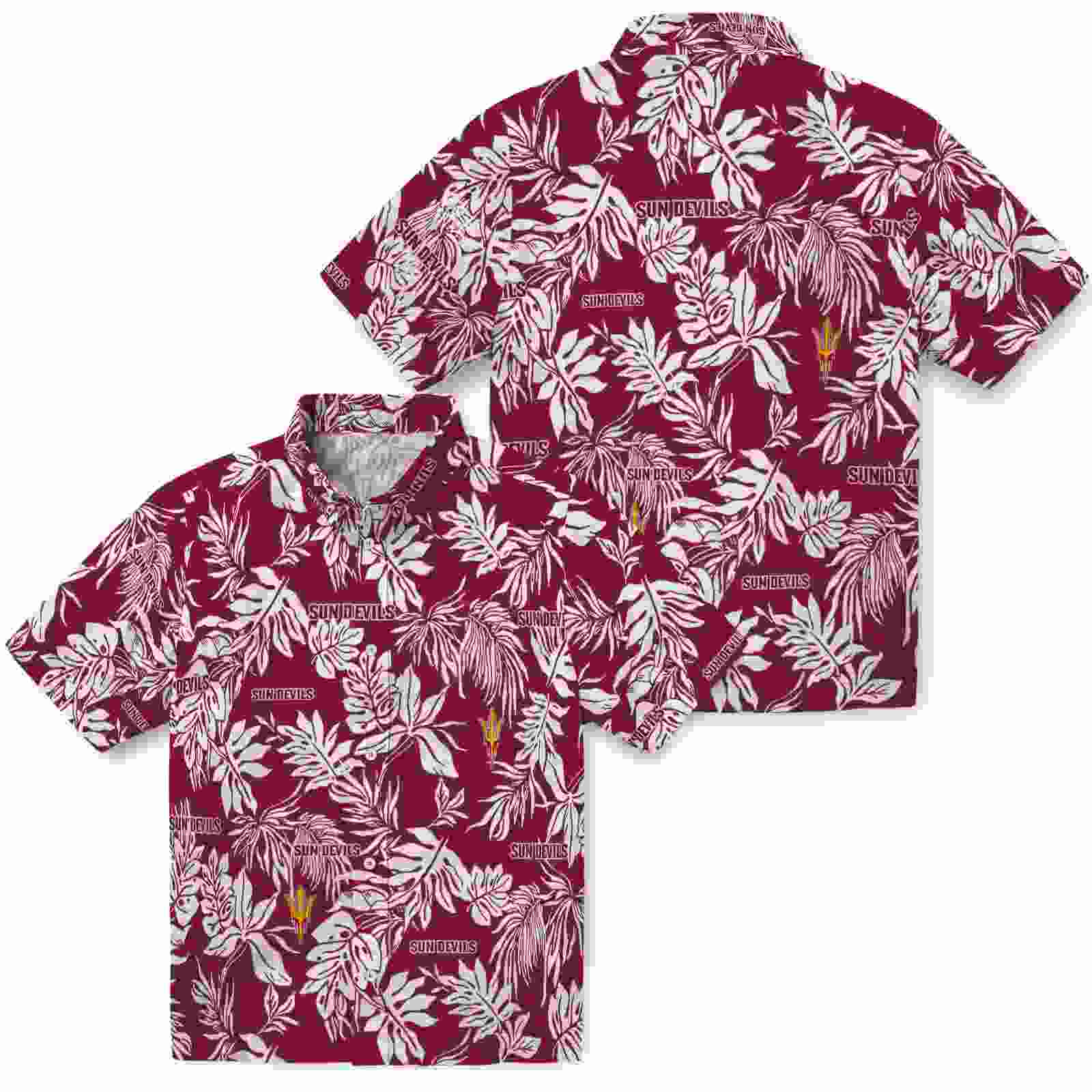 arizona state sun devils tropical leaf maroon white hawaiian shirt high quality