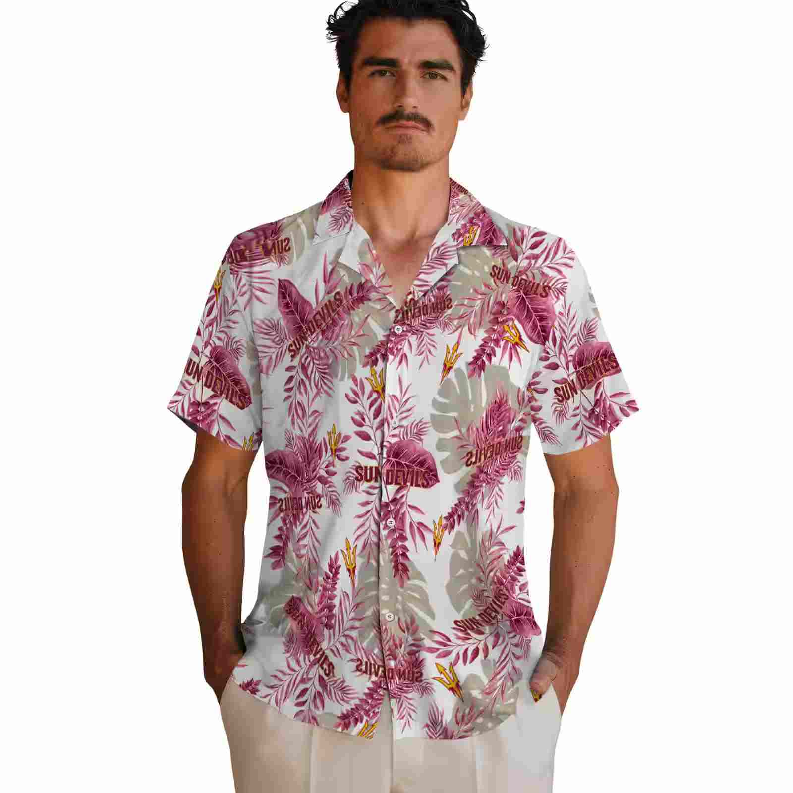 arizona state sun devils tropical leaves maroon white hawaiian shirt fashion forward