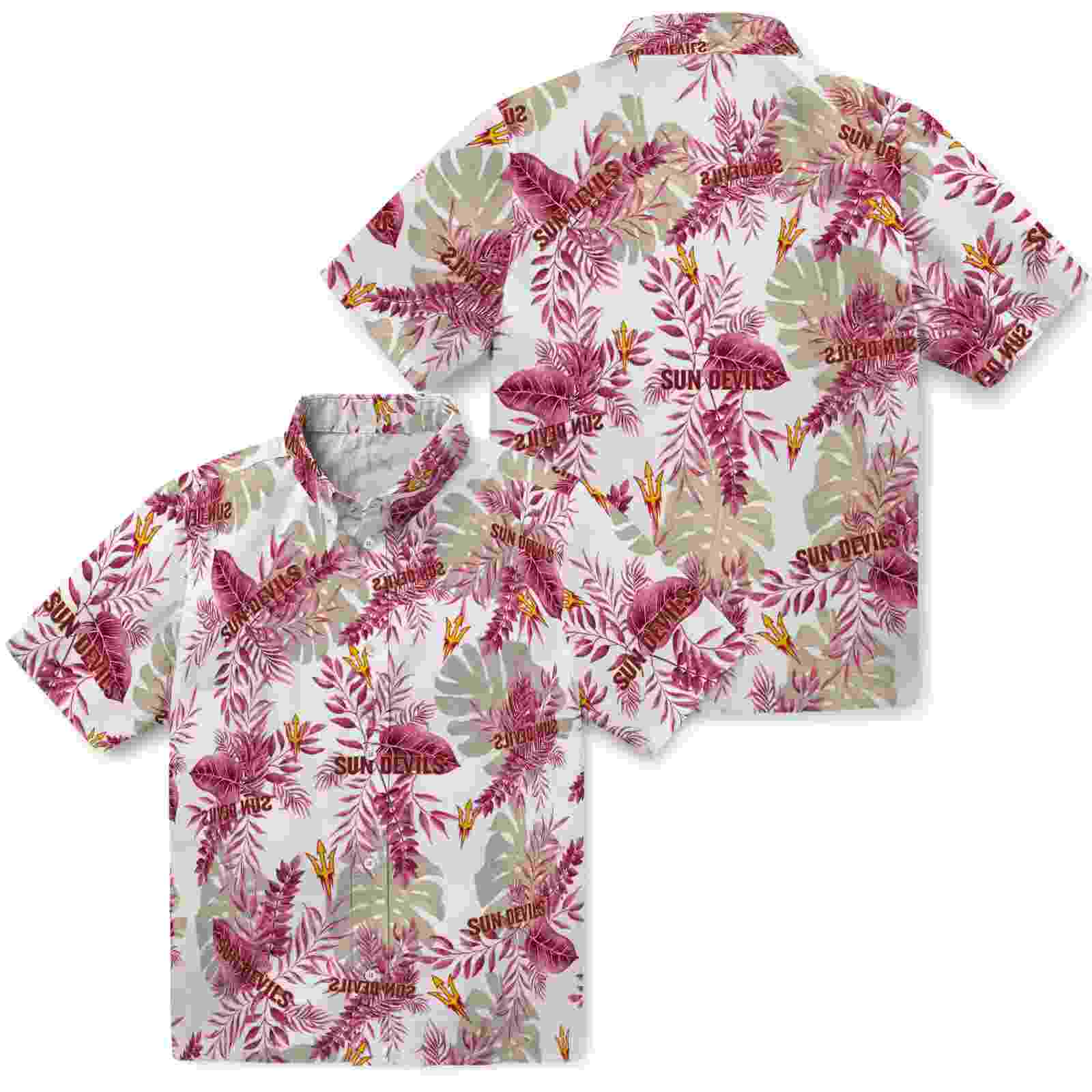 arizona state sun devils tropical leaves maroon white hawaiian shirt high quality