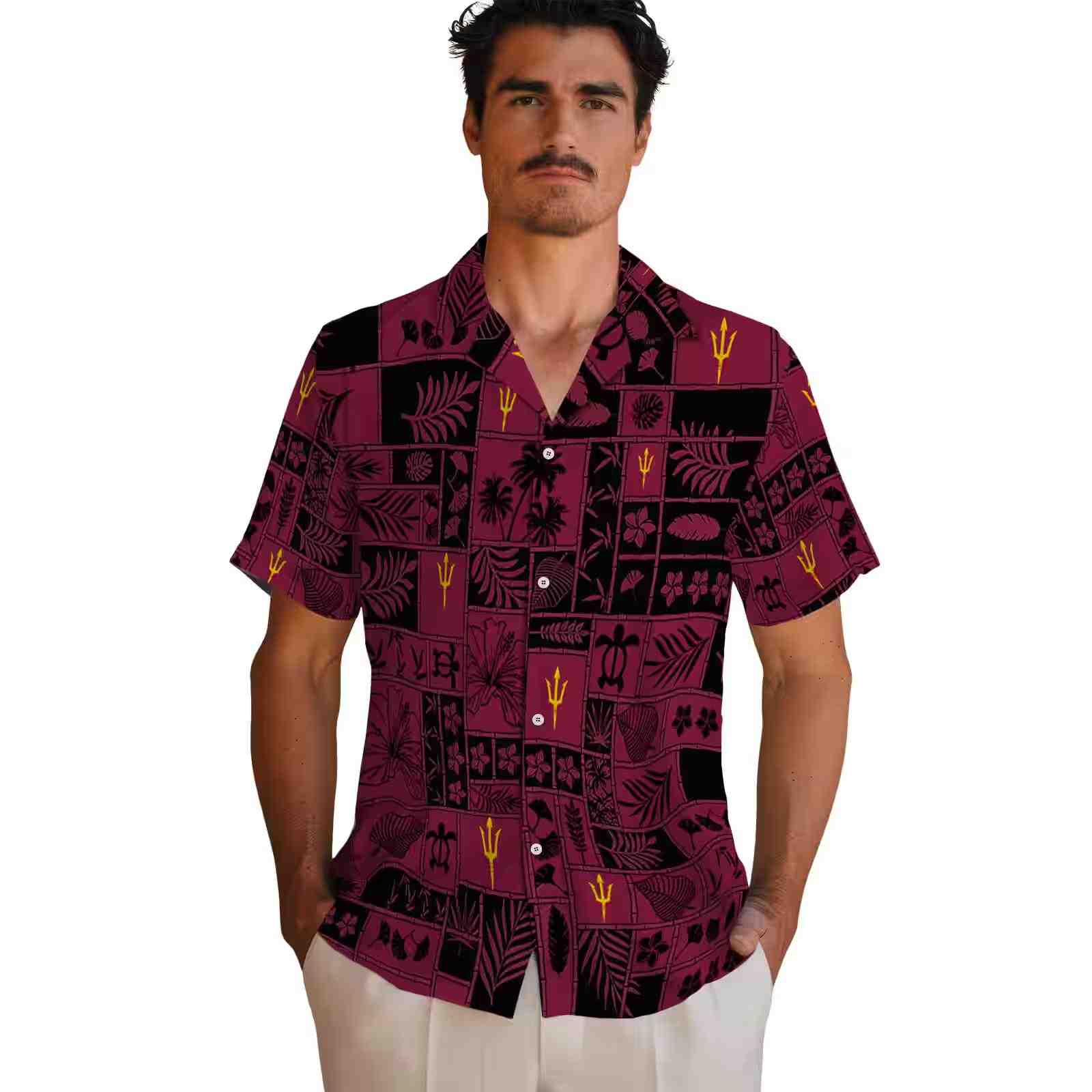 arizona state sun devils tropical patchwork maroon black hawaiian shirt fashion forward