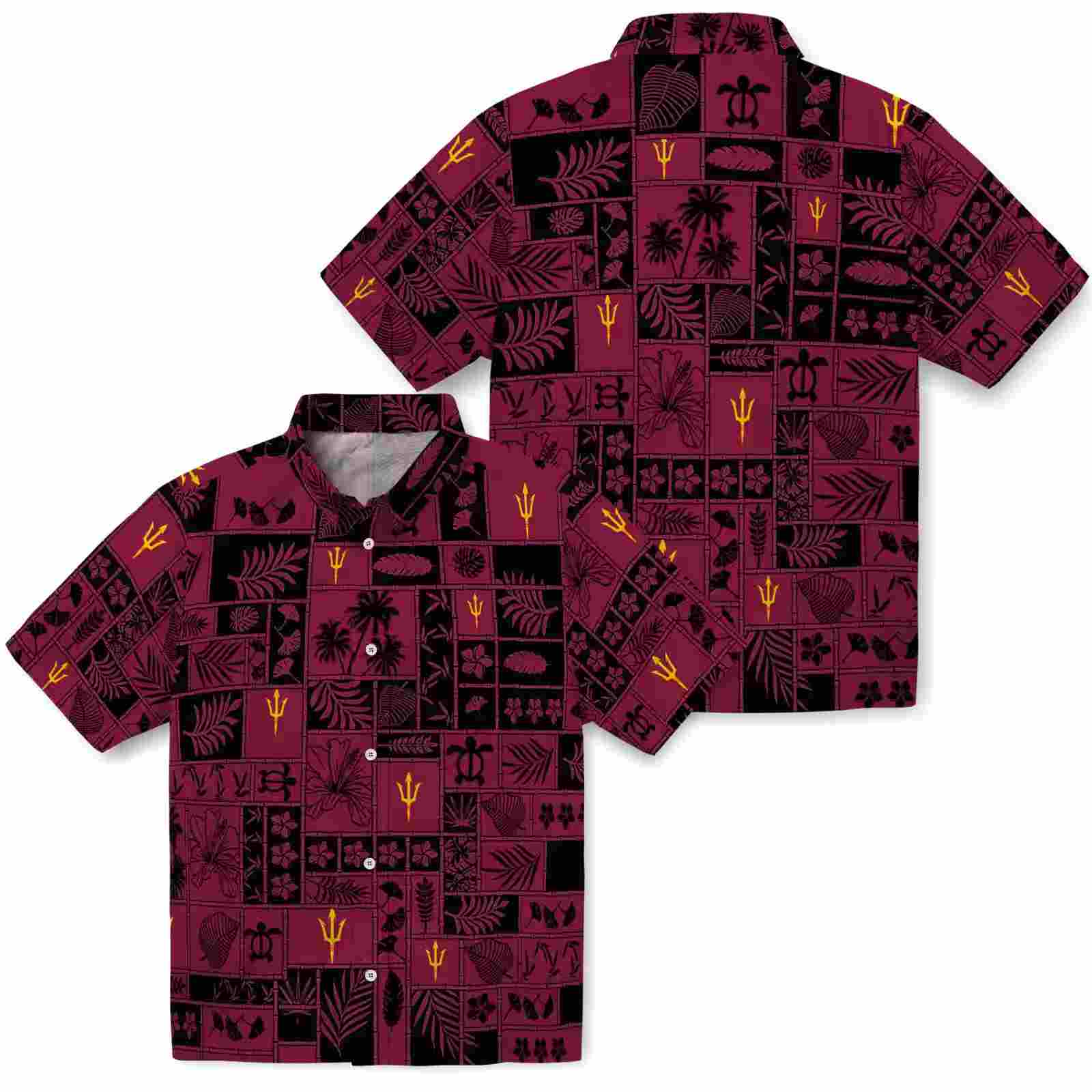 arizona state sun devils tropical patchwork maroon black hawaiian shirt high quality