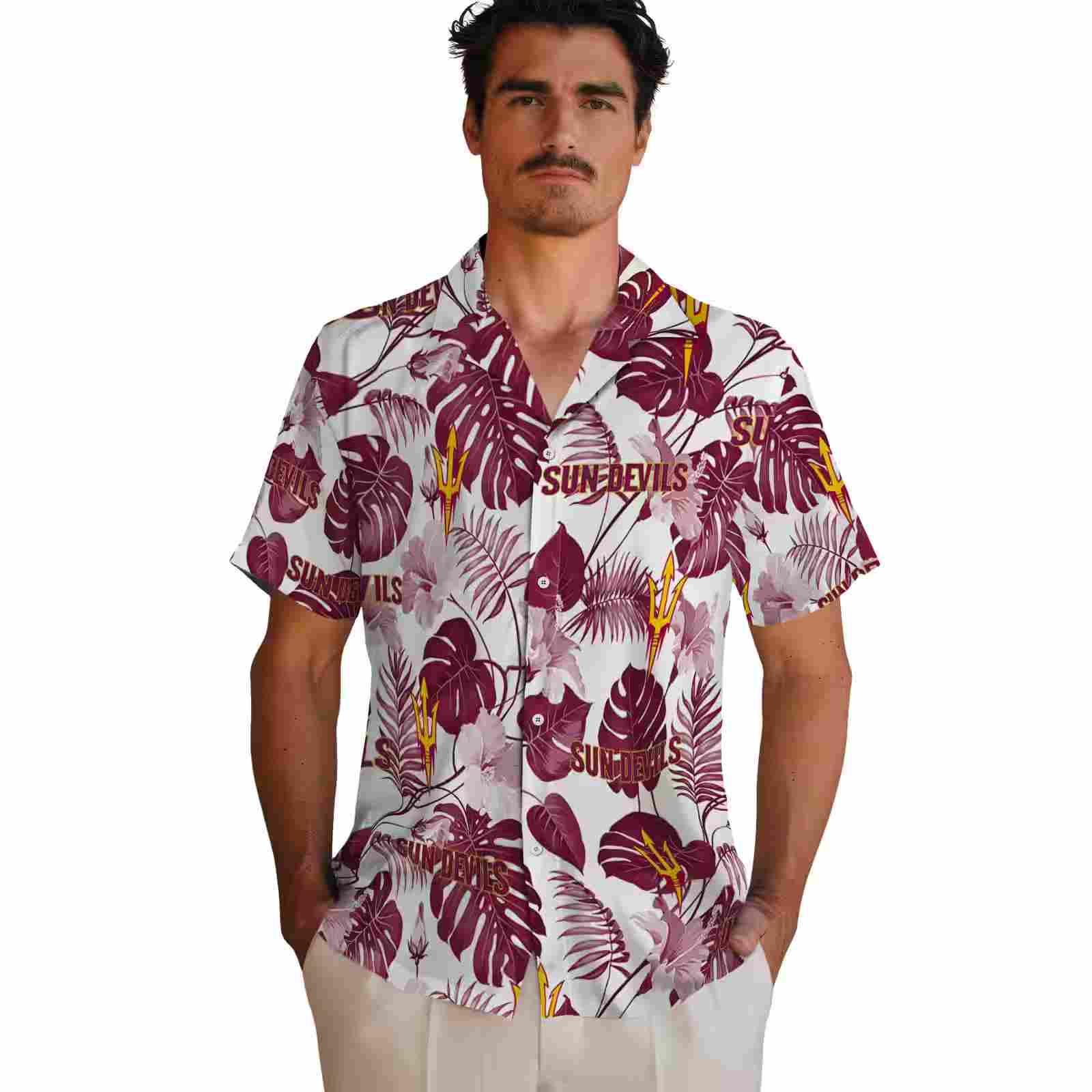 arizona state sun devils tropical plants maroon white hawaiian shirt fashion forward