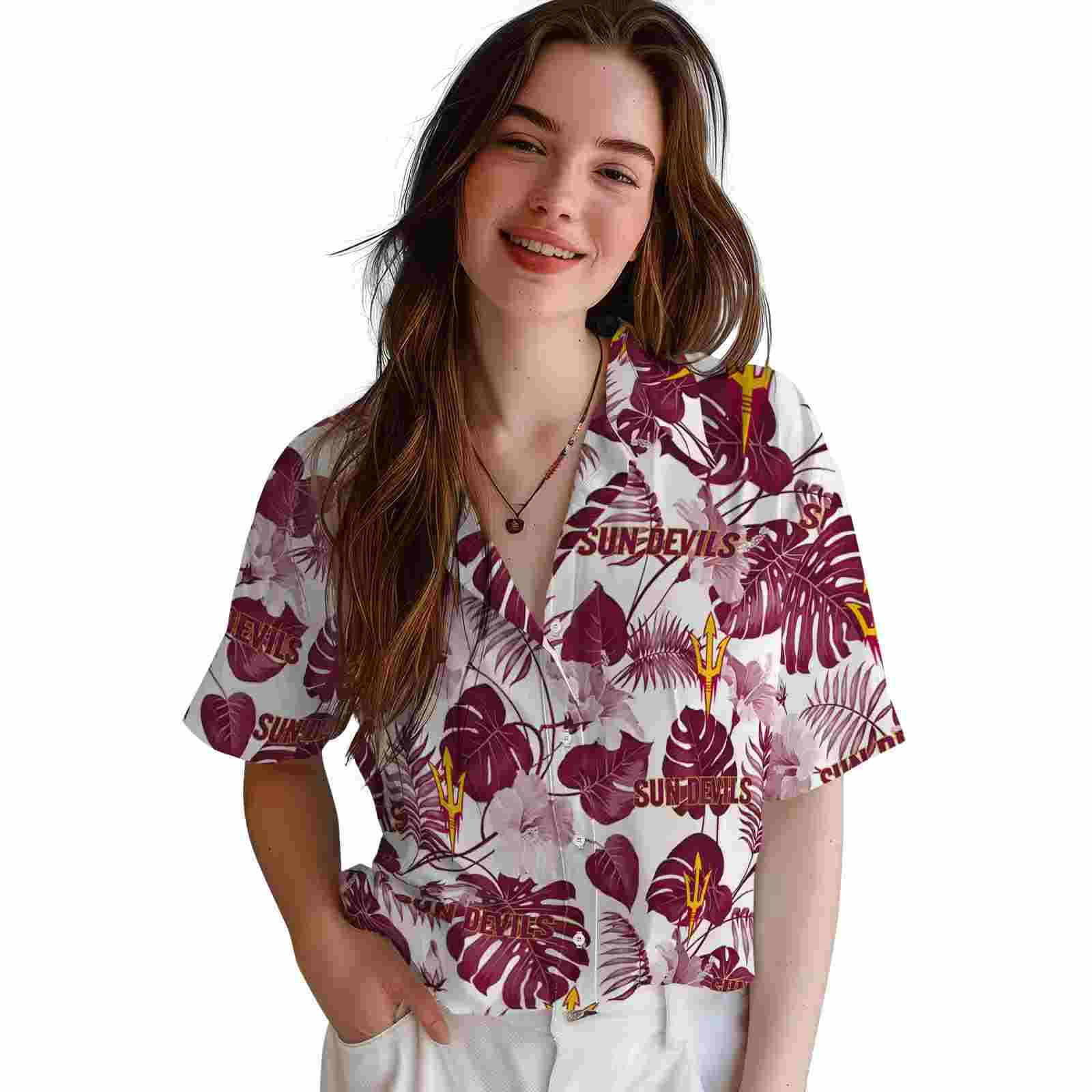 arizona state sun devils tropical plants maroon white hawaiian shirt latest model