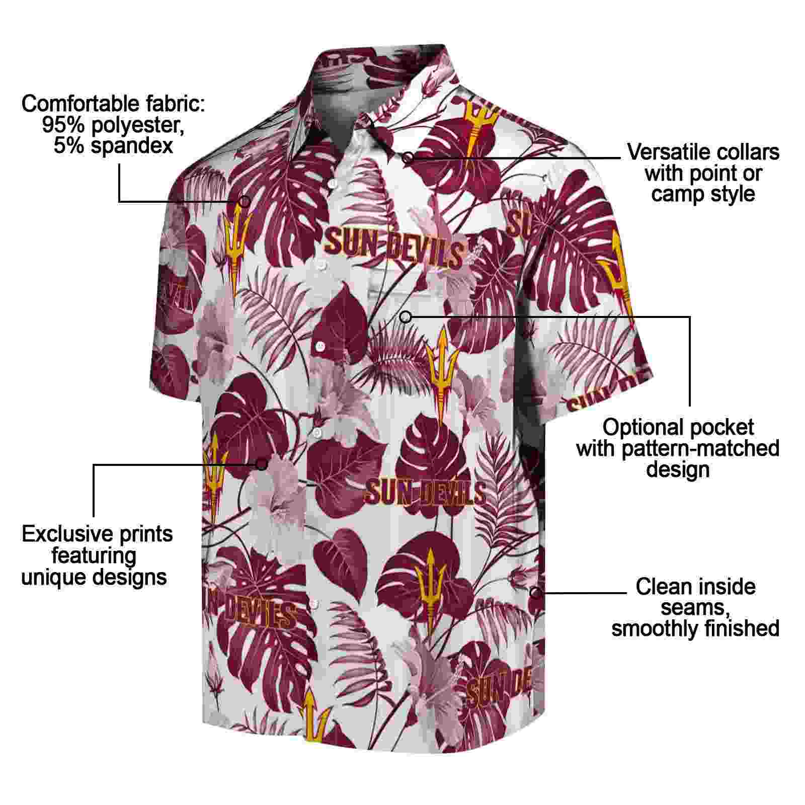 arizona state sun devils tropical plants maroon white hawaiian shirt new arrival