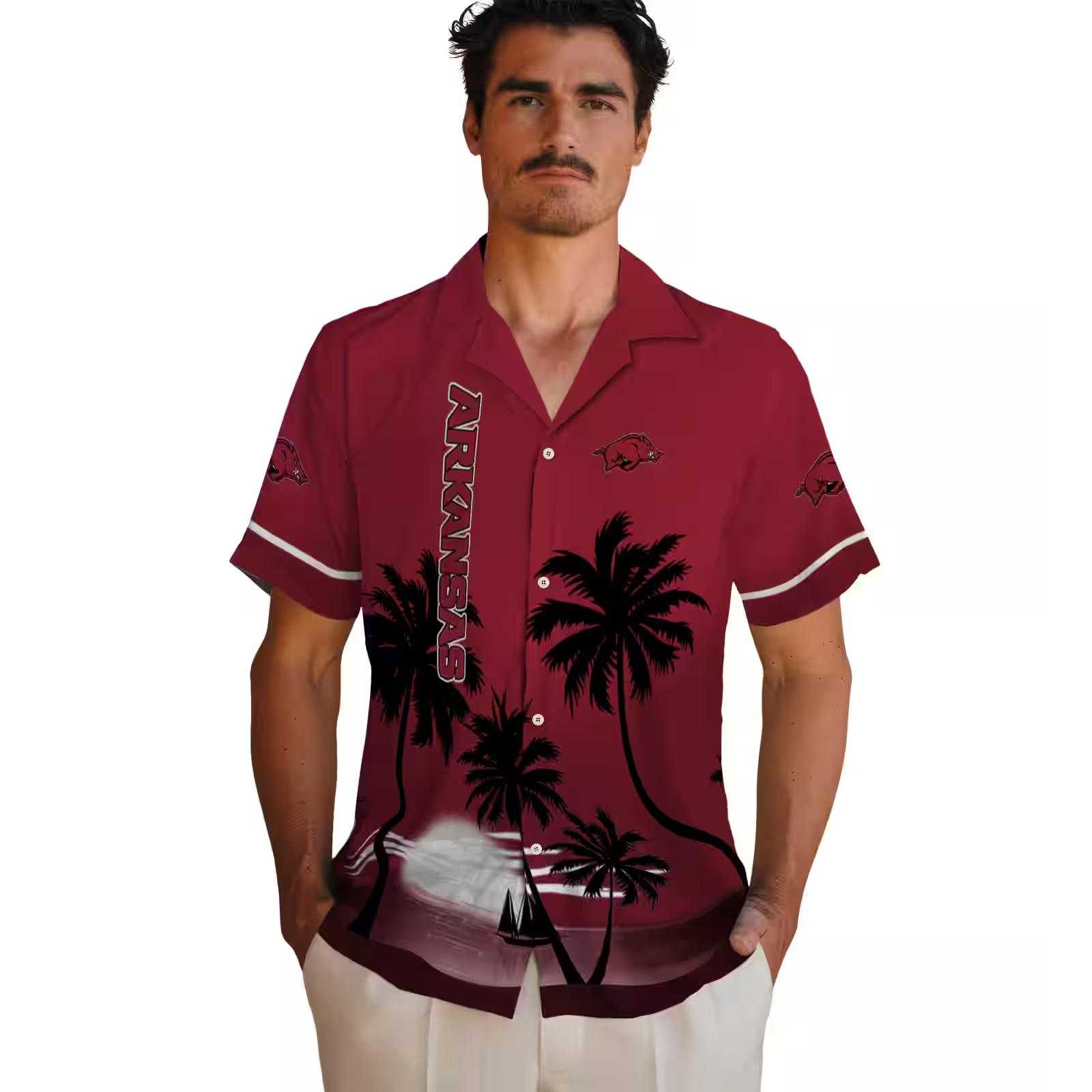 arkansas razorbacks beach sunset red black hawaiian shirt fashion forward