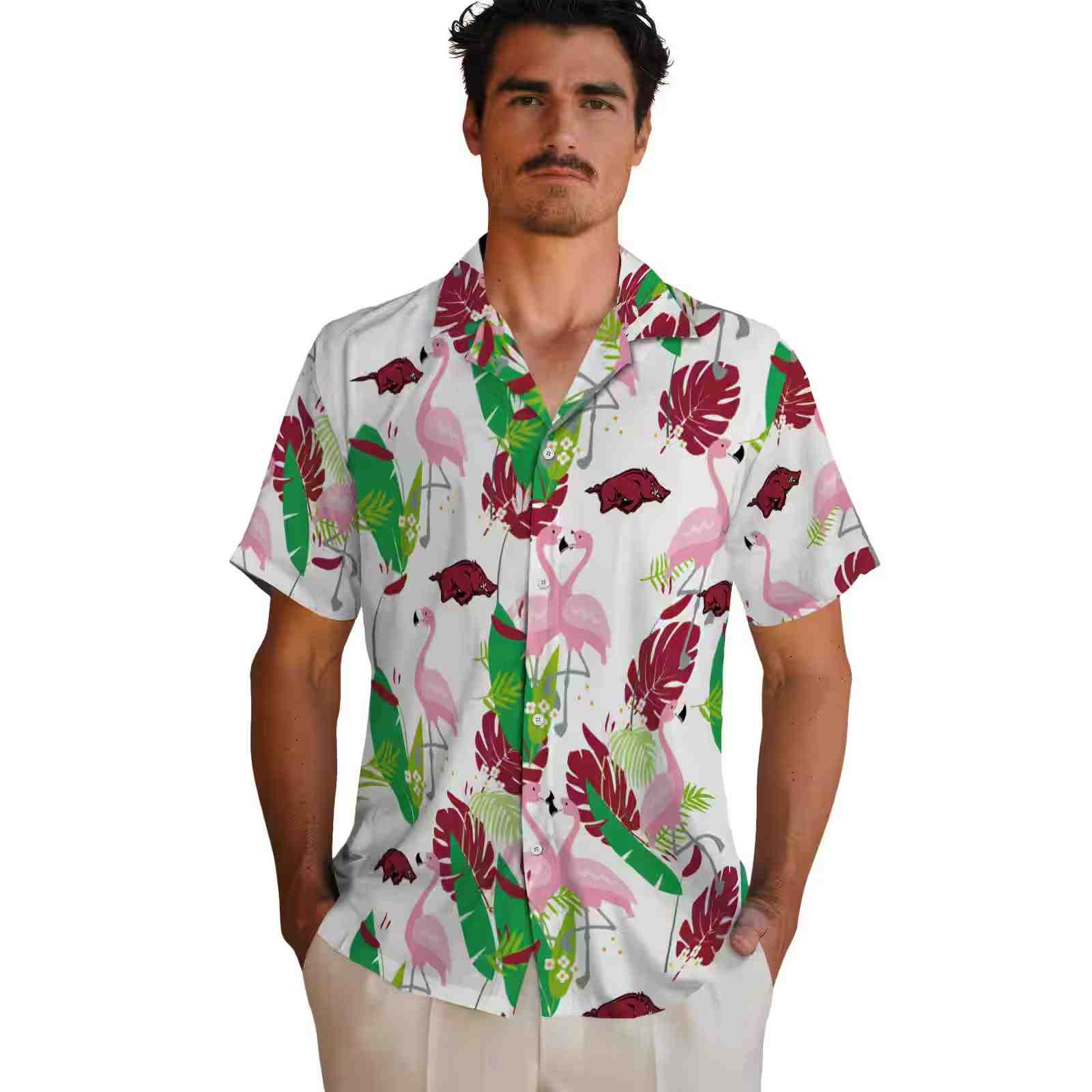 arkansas razorbacks flamingo foliage red green hawaiian shirt fashion forward