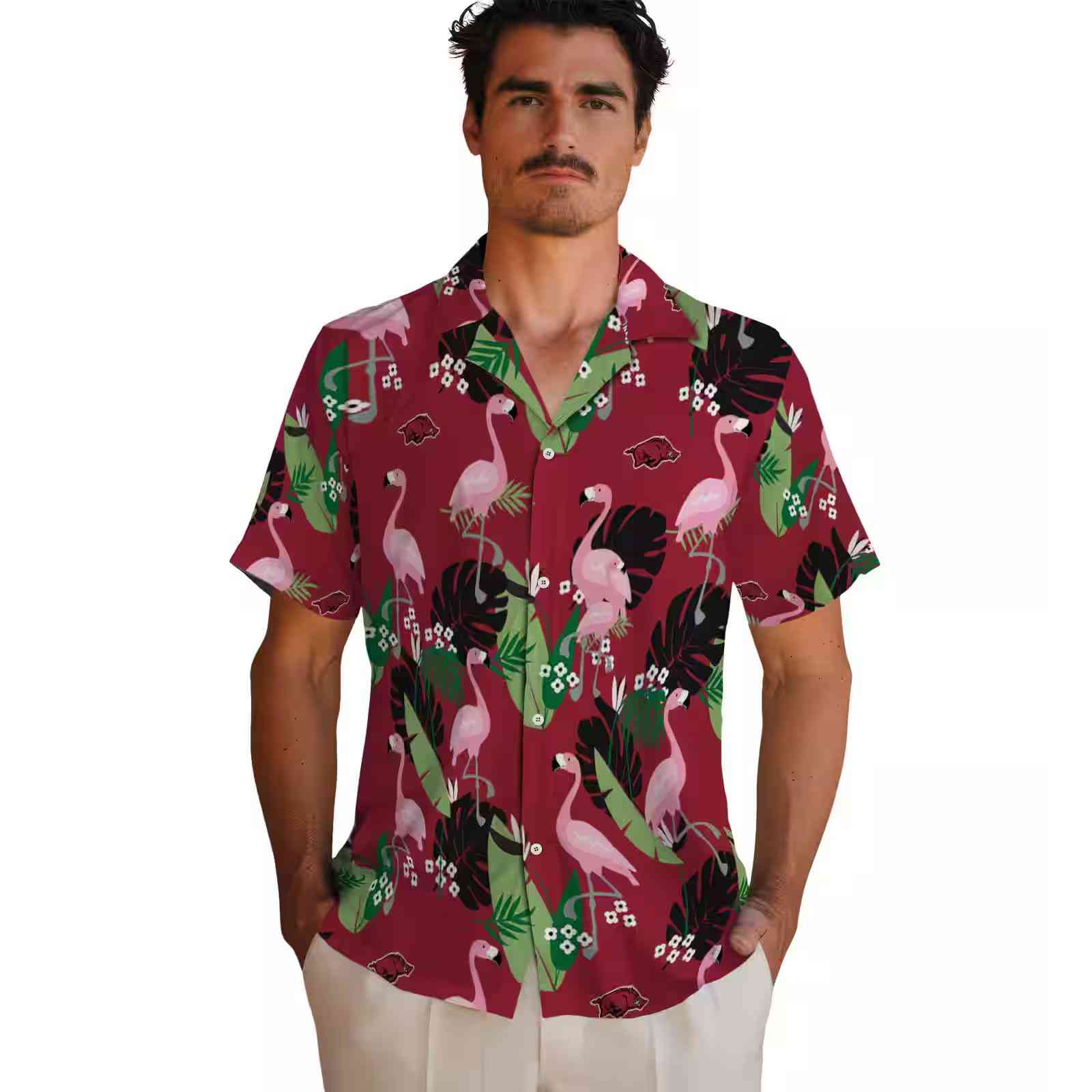 arkansas razorbacks flamingo leaf motif red hawaiian shirt fashion forward