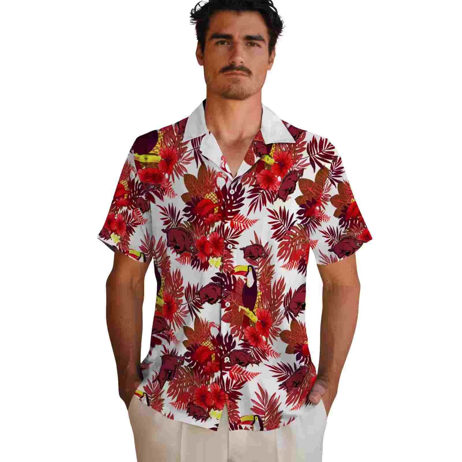 arkansas razorbacks floral toucan red hawaiian shirt fashion forward