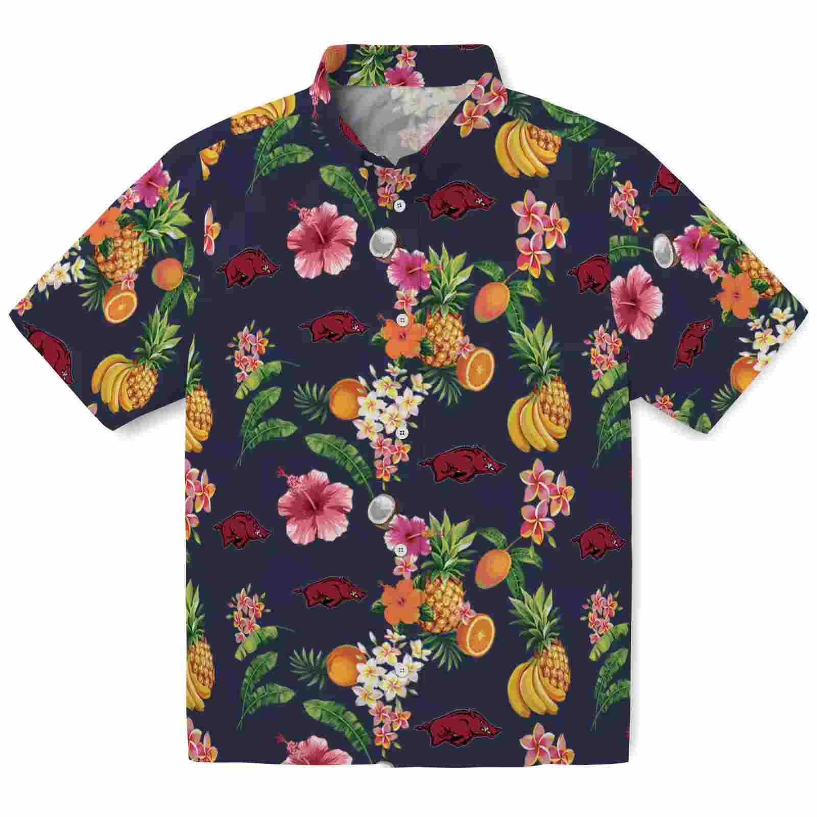 Arkansas Razorbacks Hibiscus And Fruit Navy Blue Hawaiian Shirt