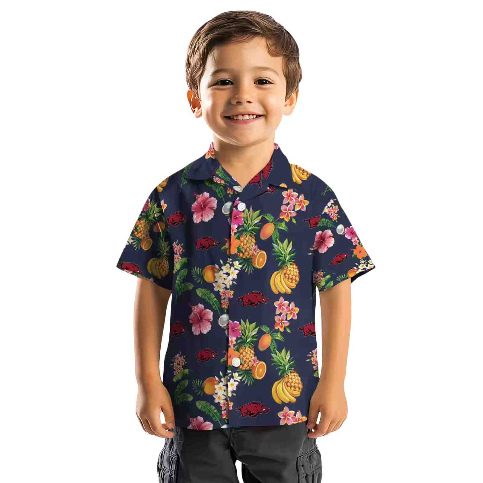 arkansas razorbacks hibiscus and fruit navy blue hawaiian shirt top rated