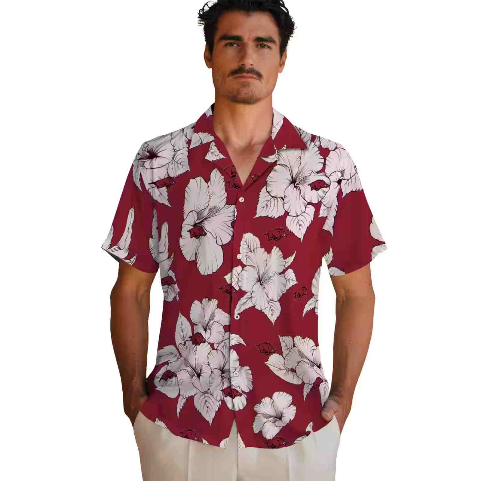 arkansas razorbacks hibiscus blooms red white hawaiian shirt fashion forward