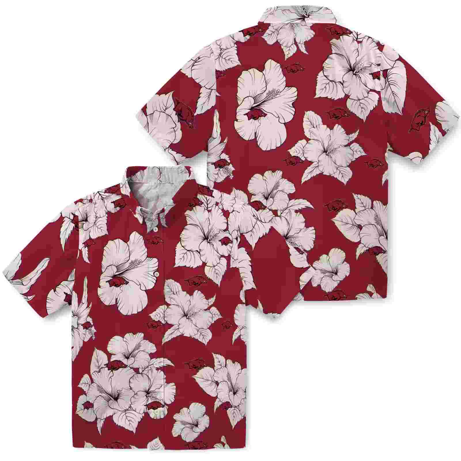 arkansas razorbacks hibiscus blooms red white hawaiian shirt high quality