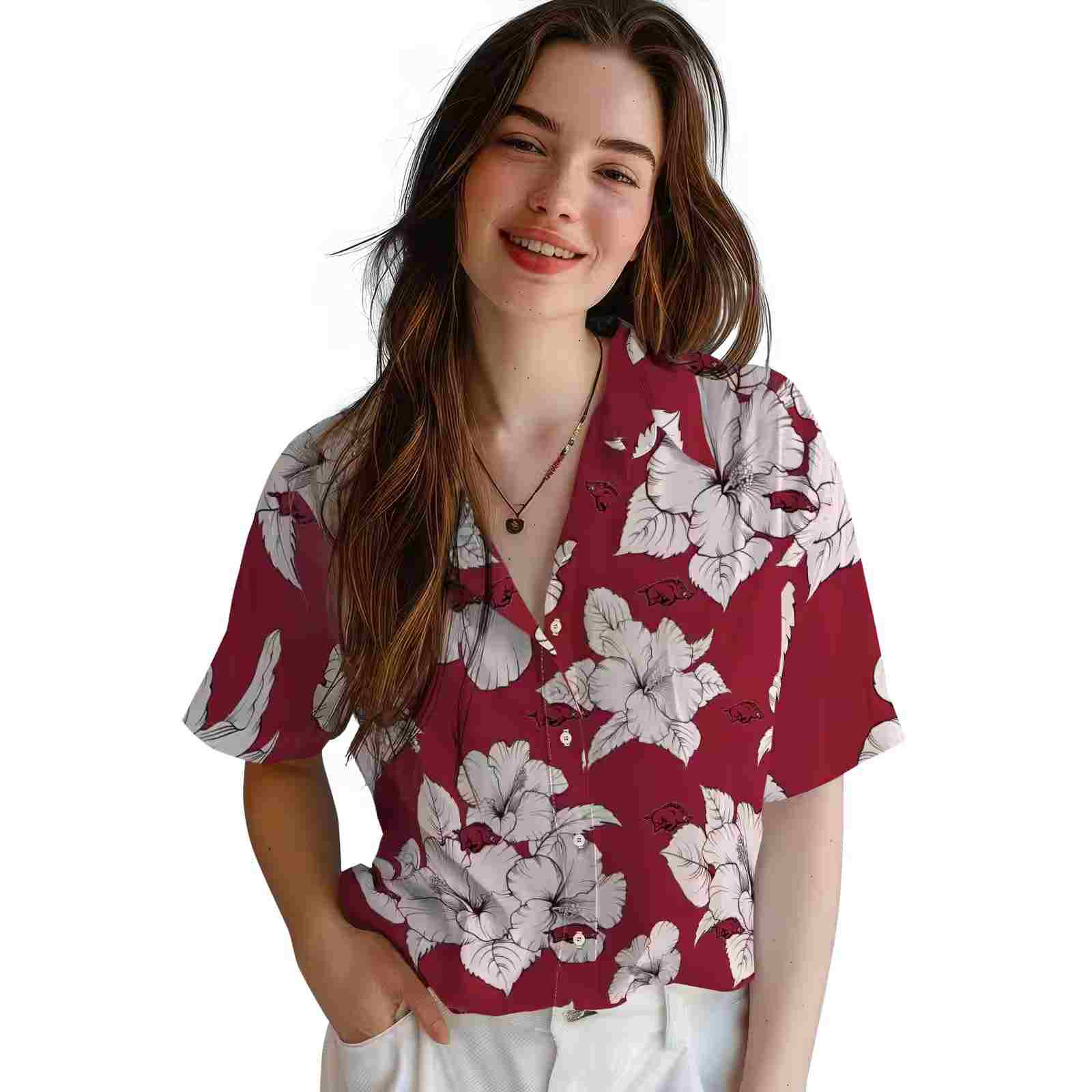 arkansas razorbacks hibiscus blooms red white hawaiian shirt latest model