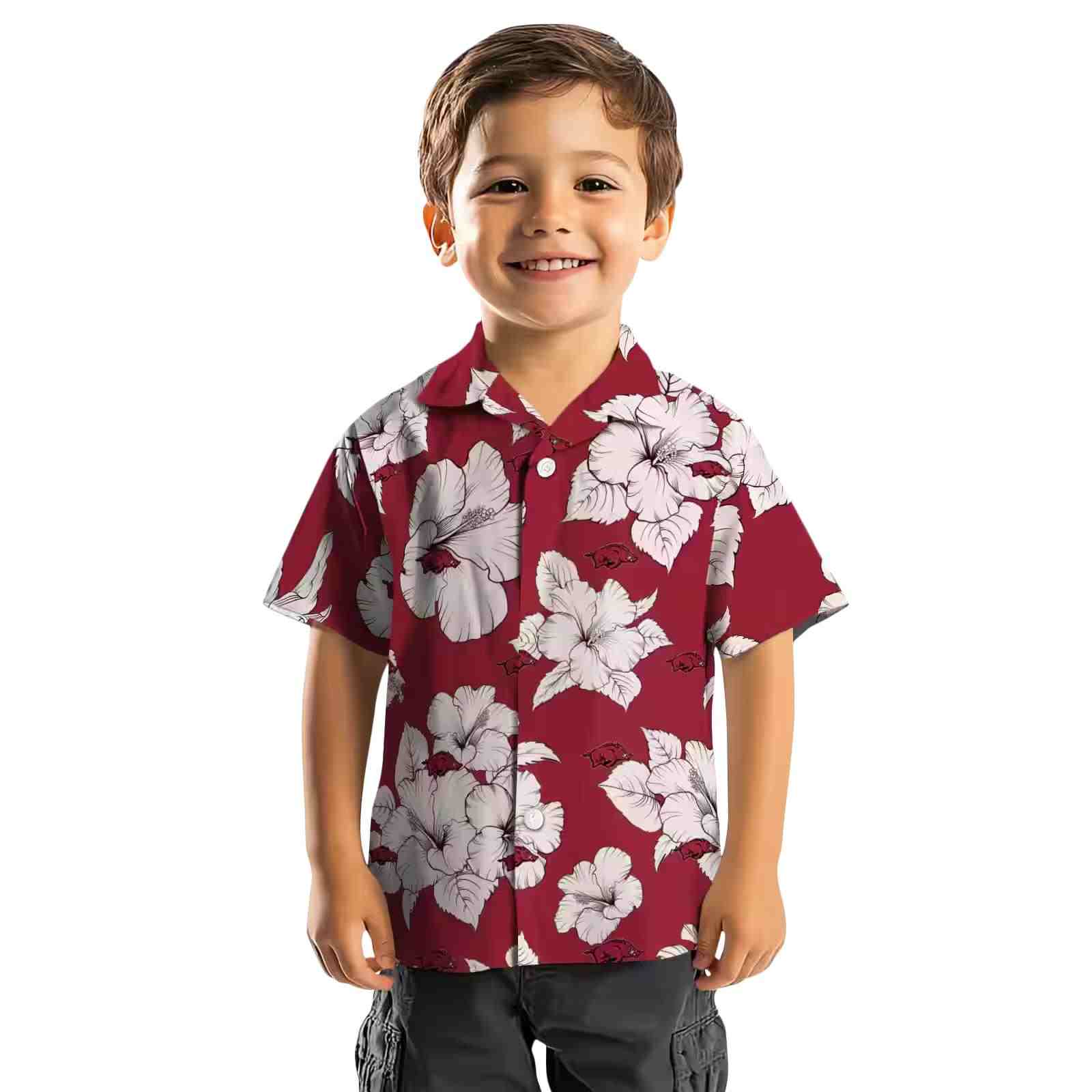 arkansas razorbacks hibiscus blooms red white hawaiian shirt top rated