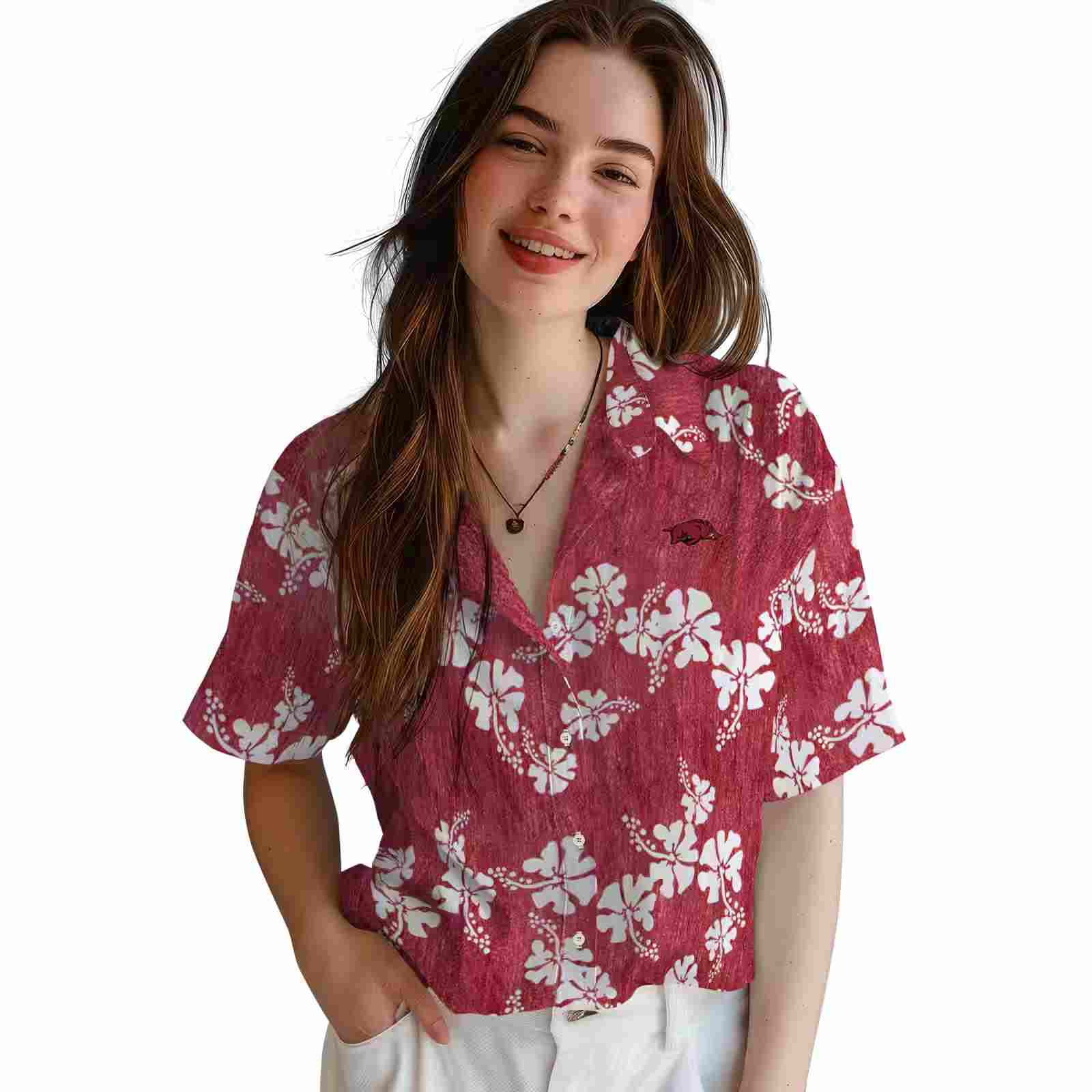 arkansas razorbacks hibiscus clusters red hawaiian shirt latest model