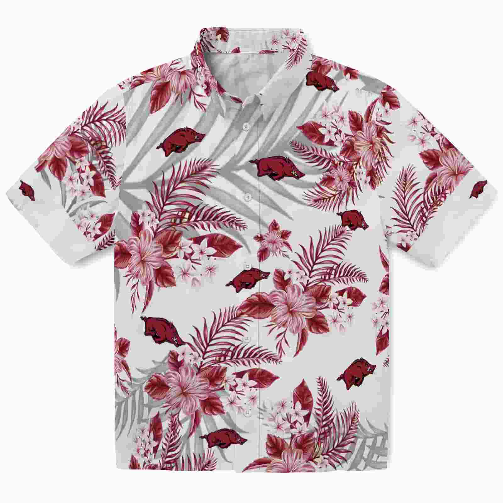 Arkansas Razorbacks Hibiscus Palm Leaves Red White Hawaiian Shirt