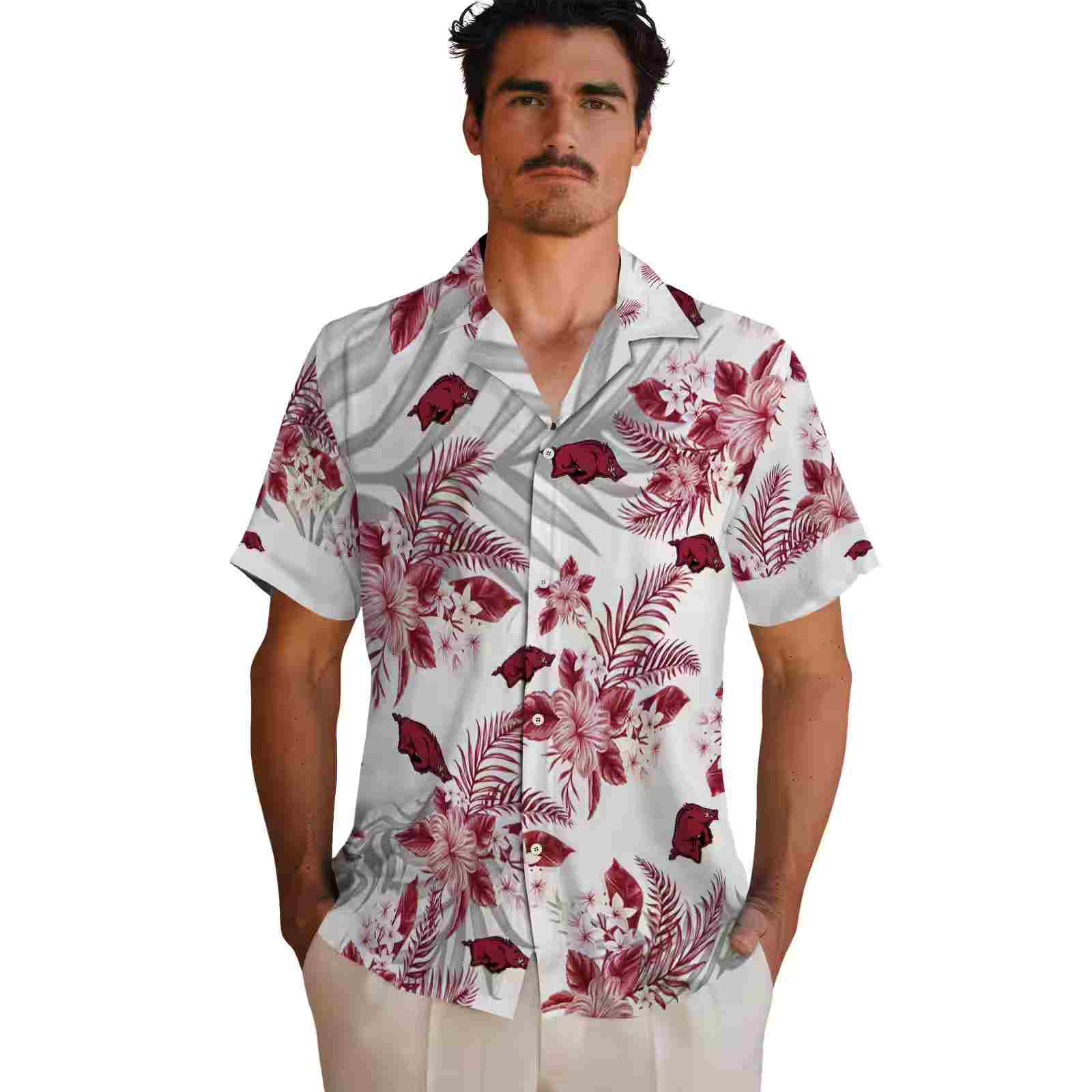 arkansas razorbacks hibiscus palm leaves red white hawaiian shirt fashion forward