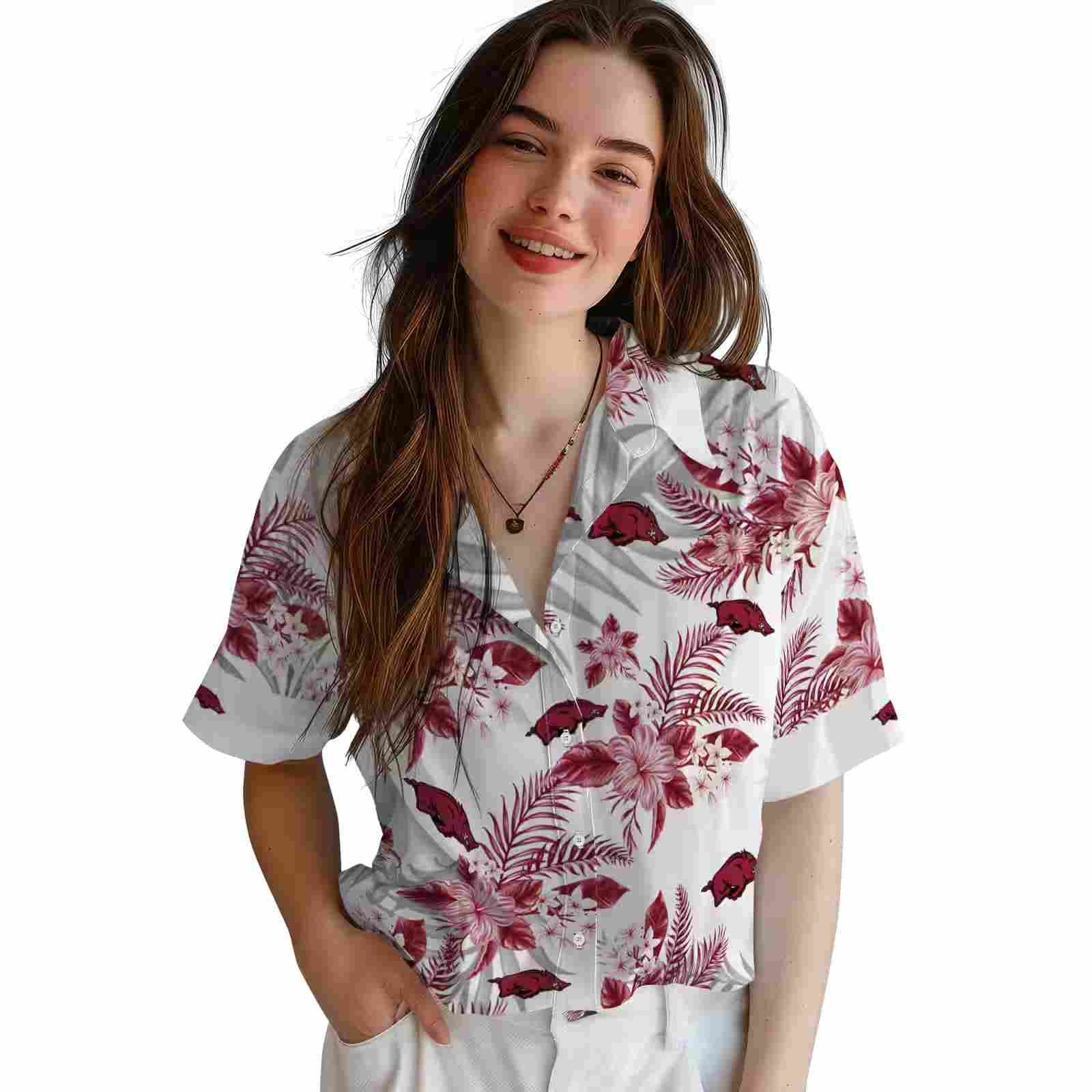 arkansas razorbacks hibiscus palm leaves red white hawaiian shirt latest model