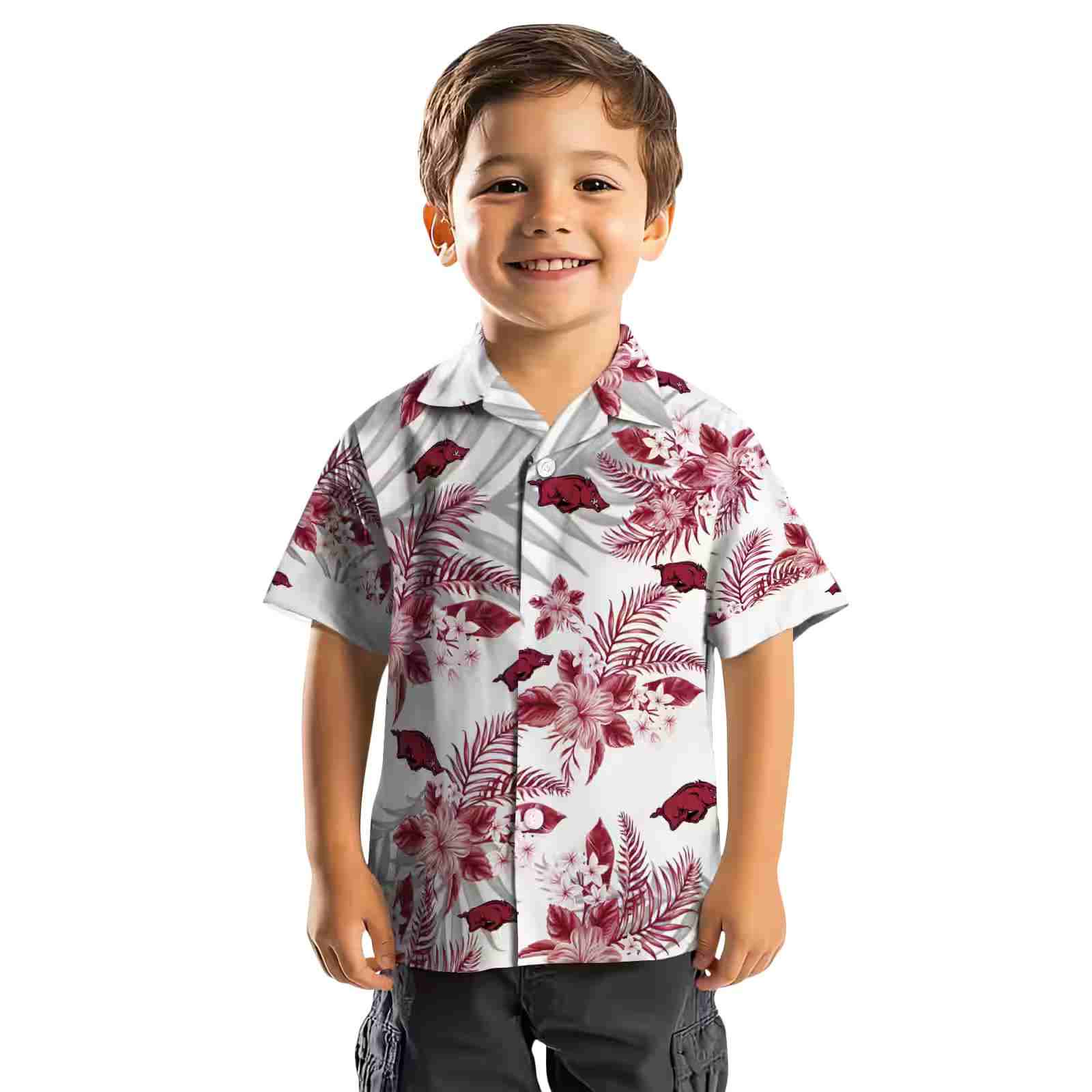 arkansas razorbacks hibiscus palm leaves red white hawaiian shirt top rated