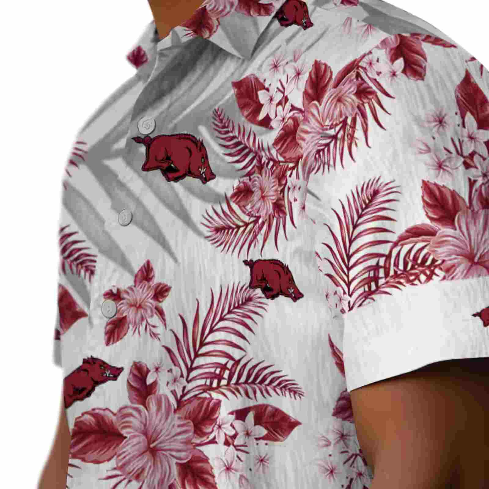 arkansas razorbacks hibiscus palm leaves red white hawaiian shirt trendy