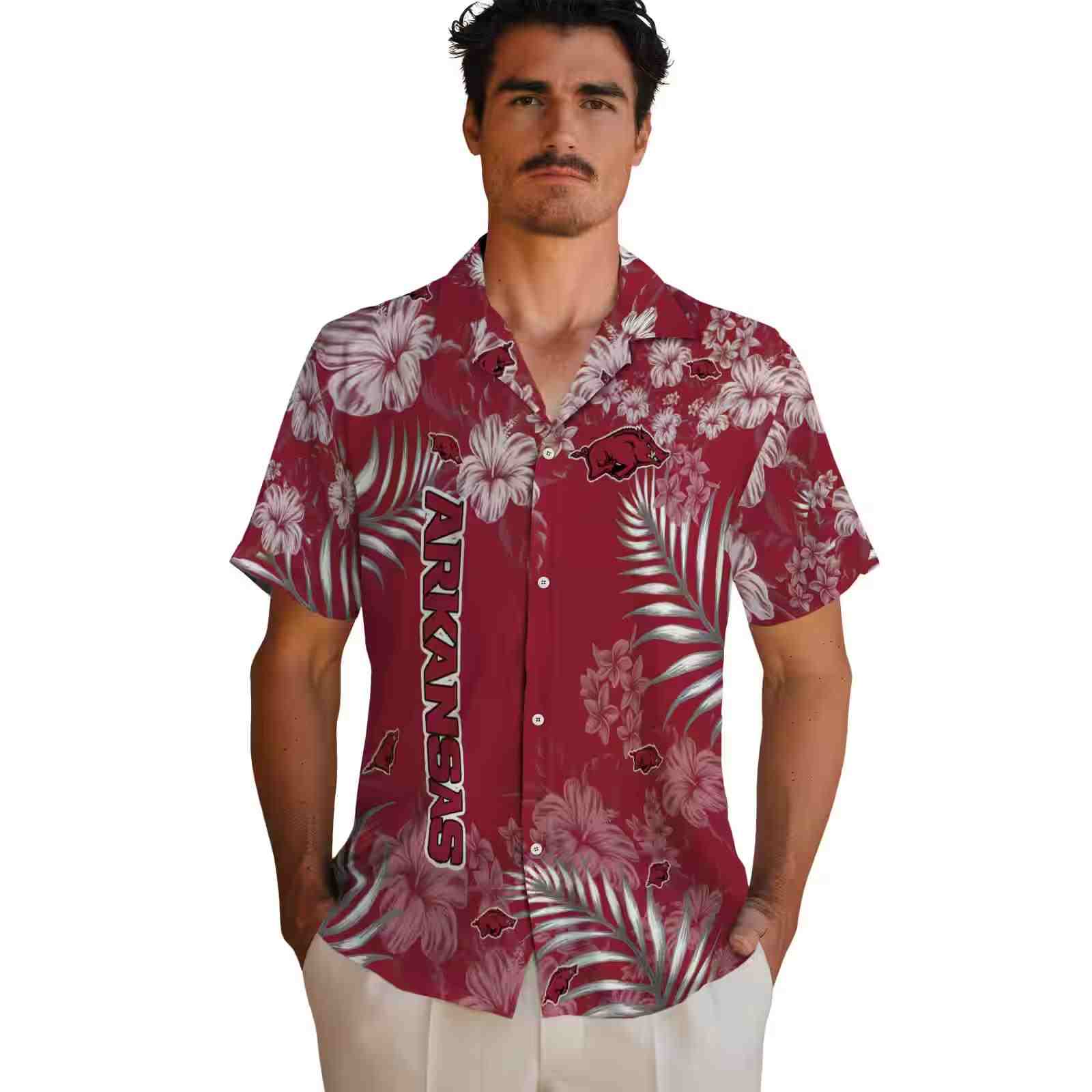 arkansas razorbacks hibiscus print red hawaiian shirt fashion forward