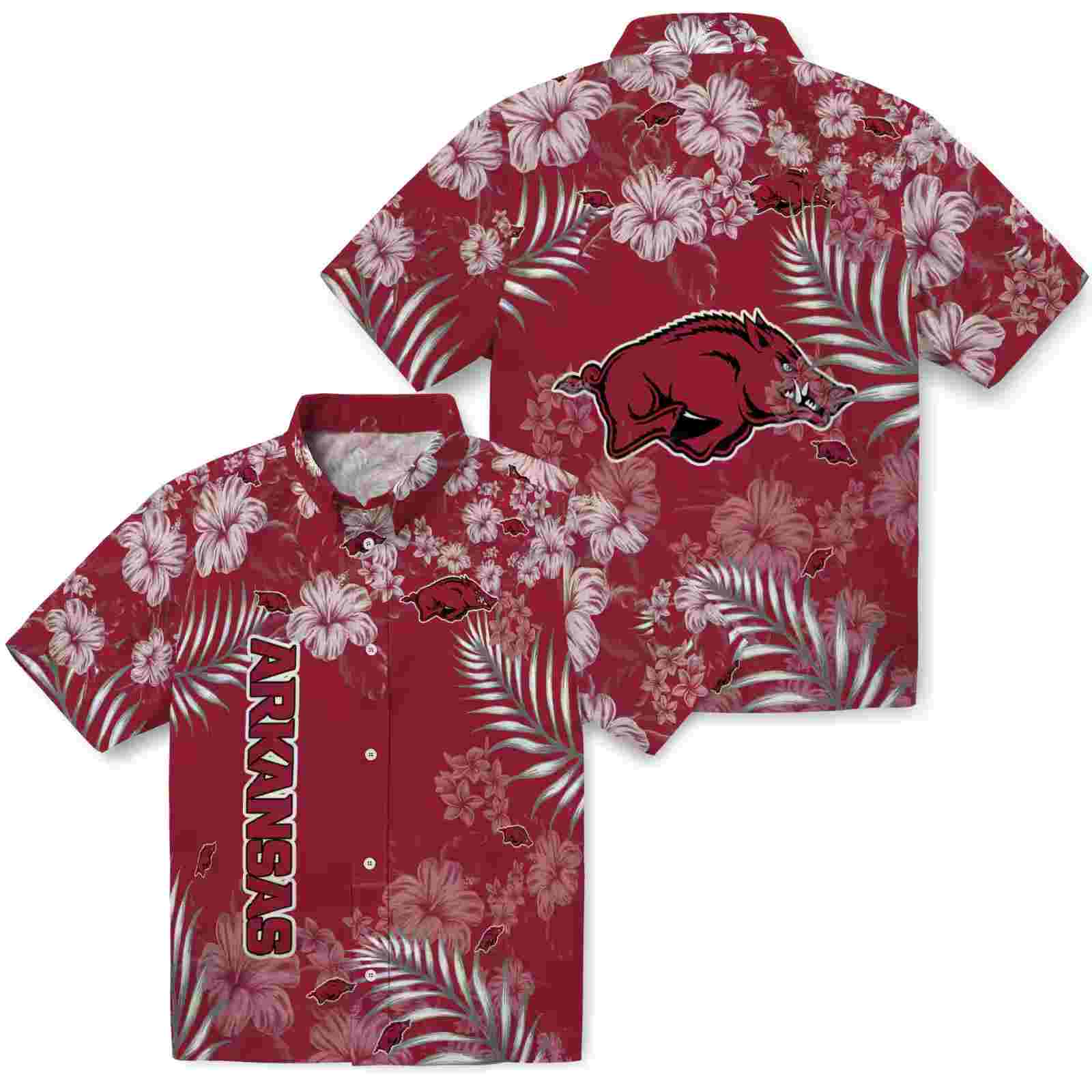 arkansas razorbacks hibiscus print red hawaiian shirt high quality