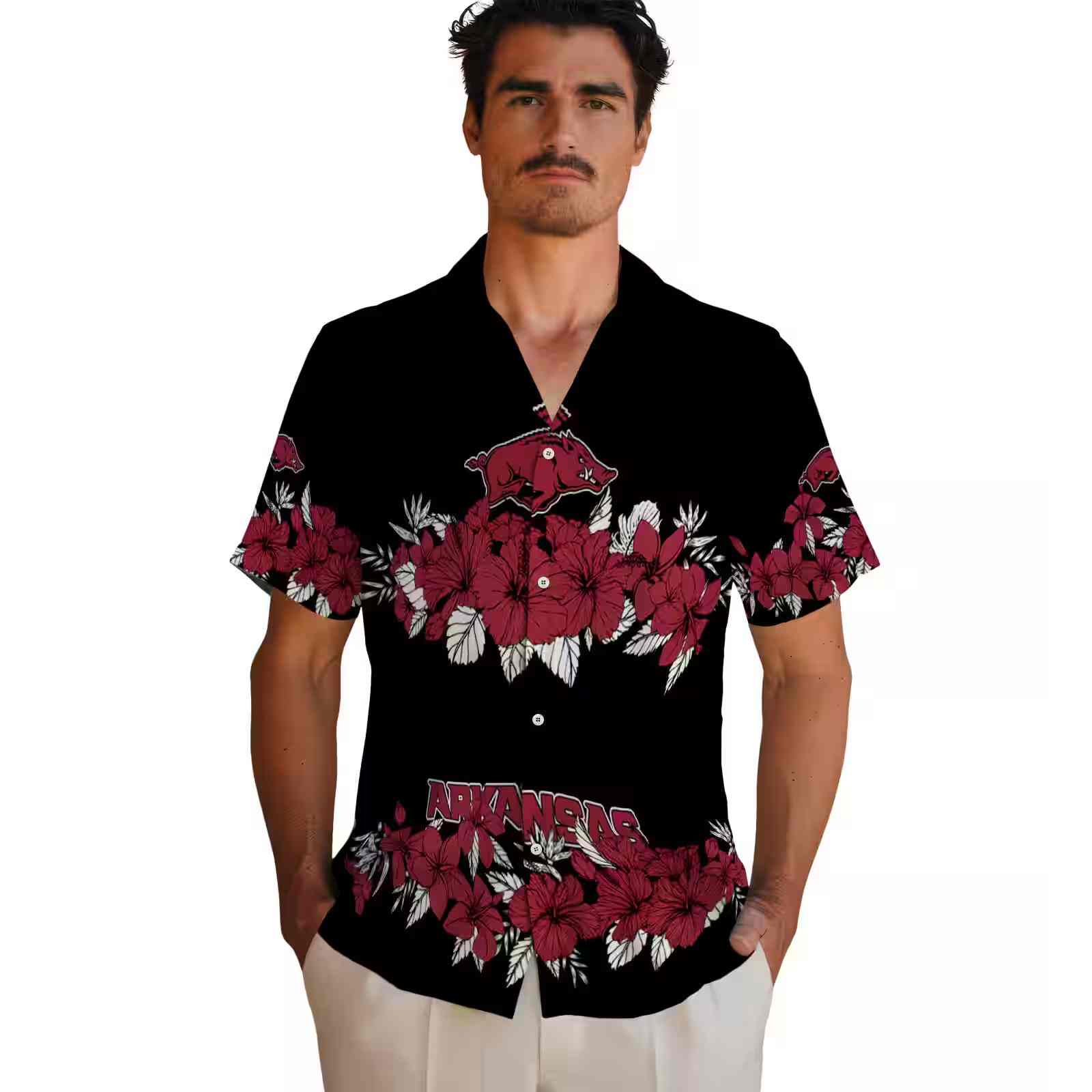 arkansas razorbacks hibiscus stripe red black hawaiian shirt fashion forward