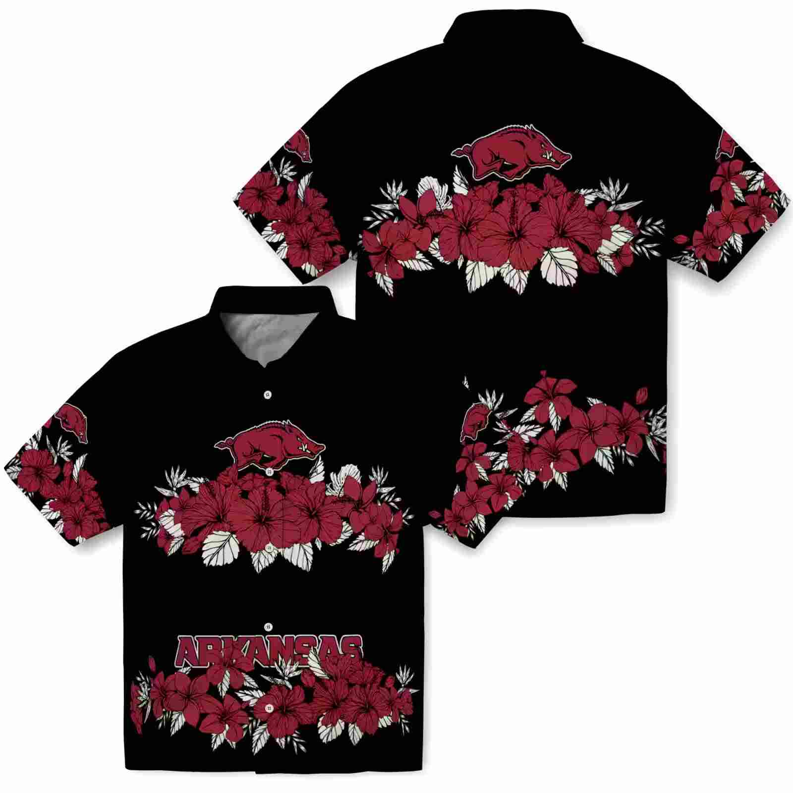 arkansas razorbacks hibiscus stripe red black hawaiian shirt high quality