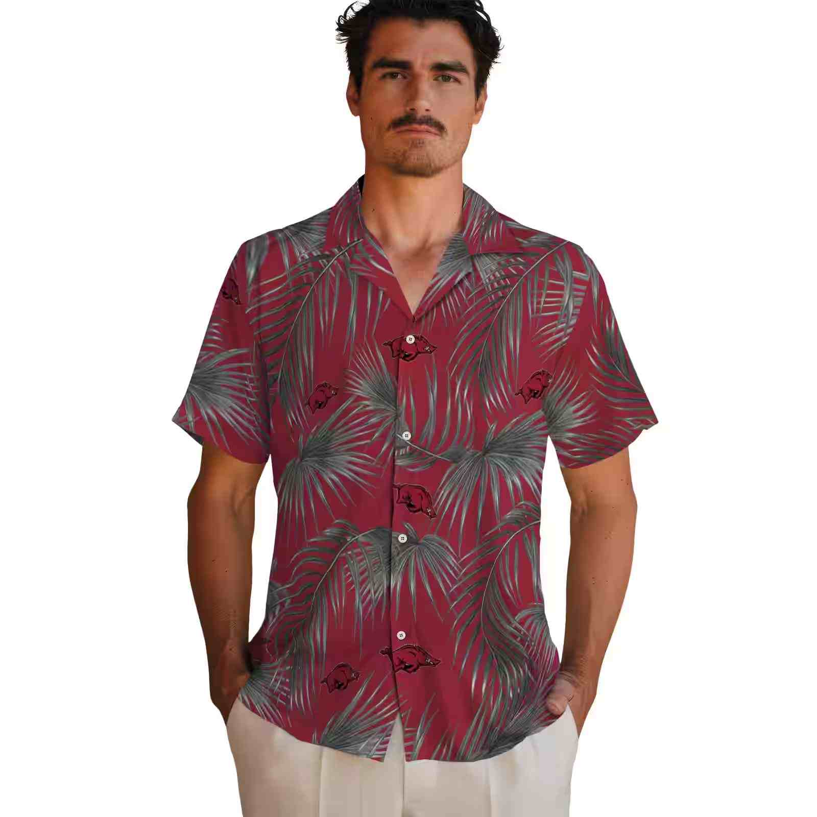 arkansas razorbacks leafy palms red hawaiian shirt fashion forward