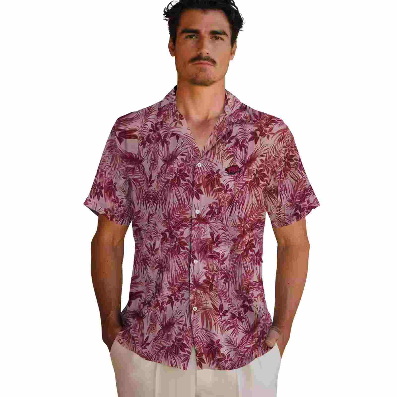 arkansas razorbacks leafy pattern red hawaiian shirt fashion forward